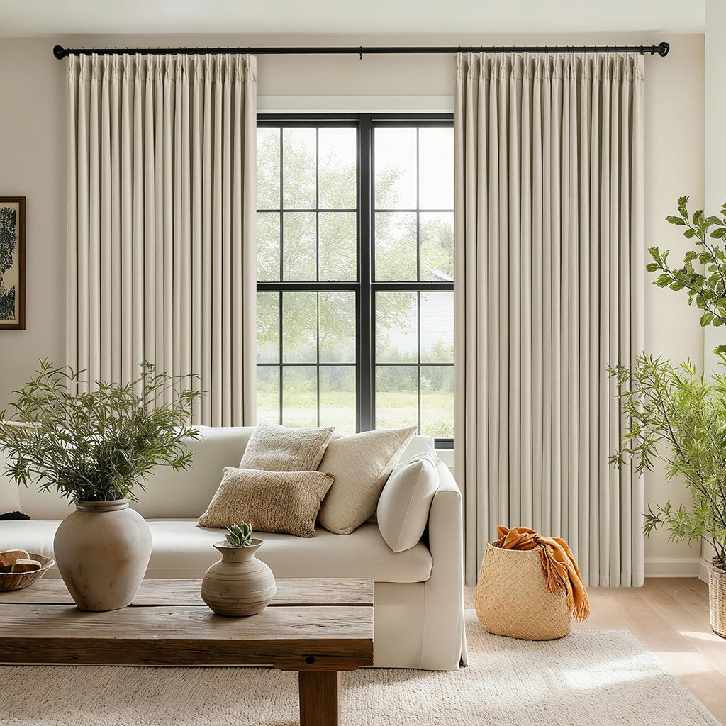 TWODRAPES 92 Inch Long Pinch Pleated Blackout Curtains for Bedroom Living Room, Oatmeal Beige Linen Blend 100% Blackout Sliding Door…