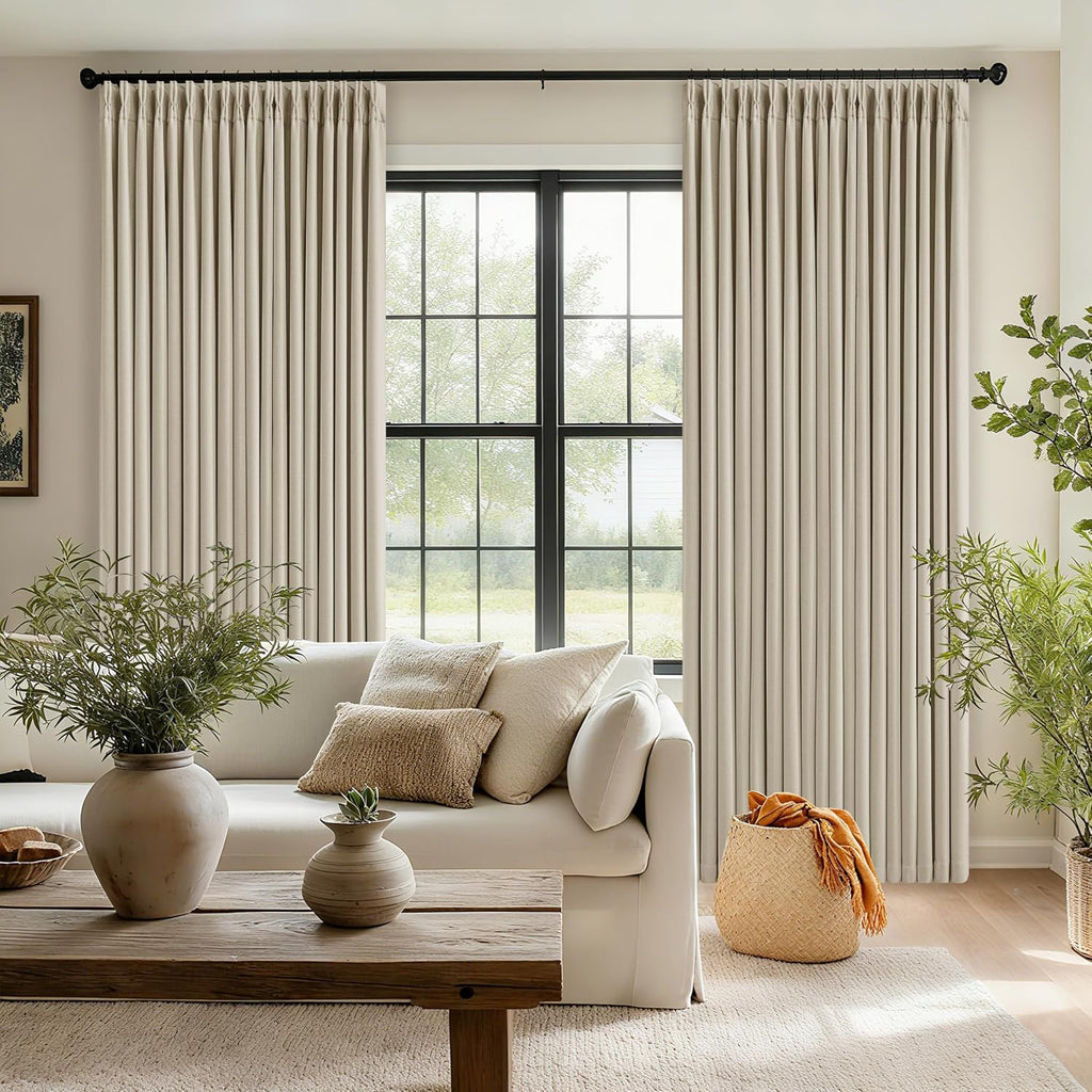 Twodrapes 102 Inch Blackout Linen Pleated Curtains for Bedroom Living Room Darkening Pinch Pleat 100% Black Out Thermal Insulated Window Dr…