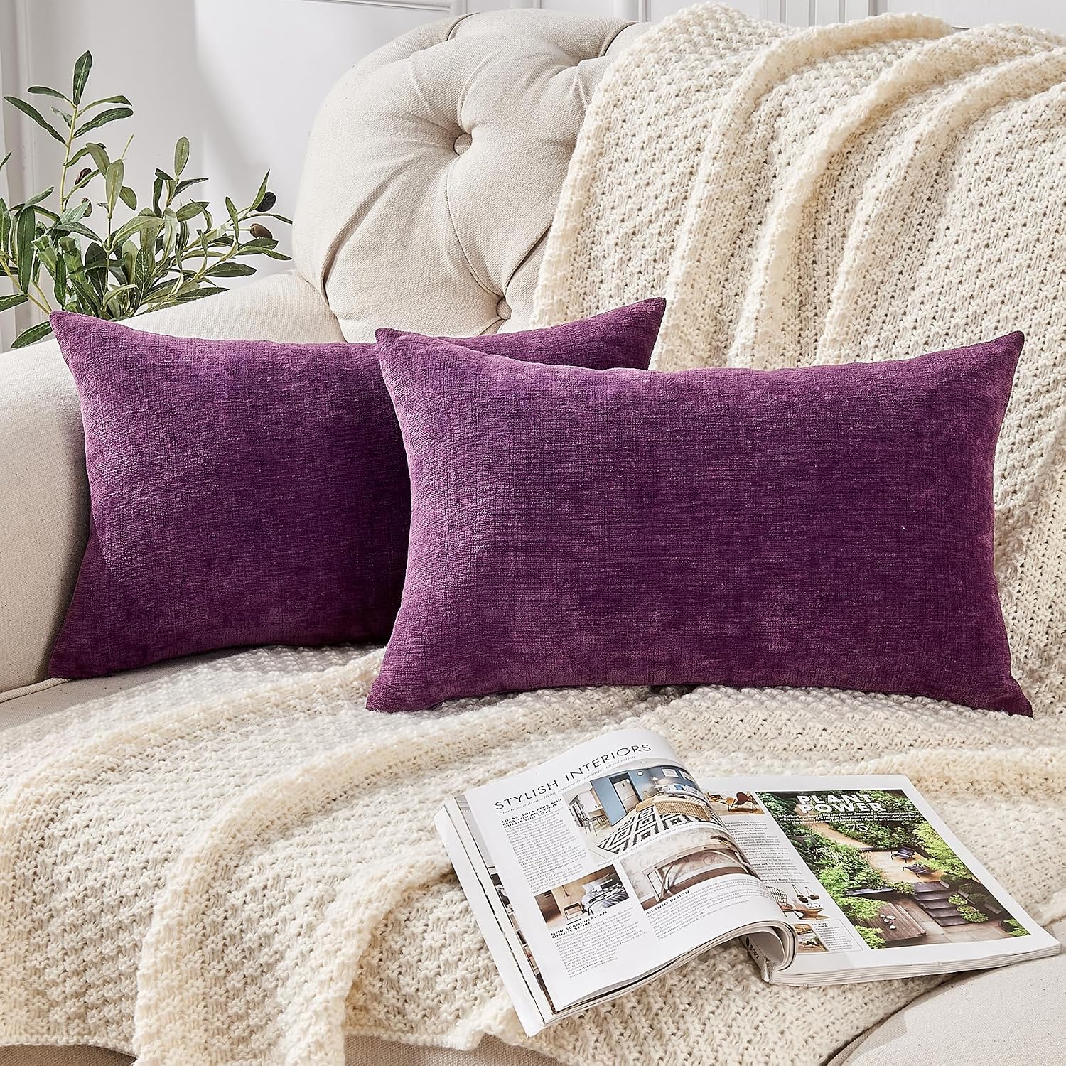 Gawamay Lumbar Pillow Decorative Rectangle Throw Pillow Covers 12"x20" Inch Set of 2, Super Soft Chenille Fall Pillowcase for Living Room B…