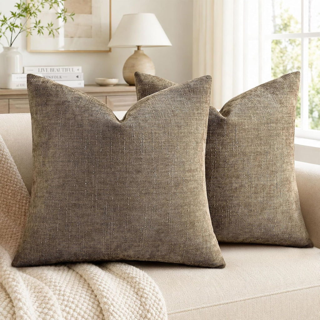 decorUhome Chenille Throw Pillow Covers 24x24 Set of 2, Square Decorative Pillow Covers with Zipper for Couch, Sofa, Living Room, Light…