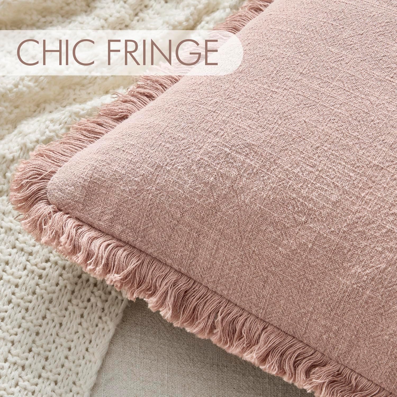 Anroduo Set of 2 Decorative Throw Pillow Covers 20×20 Inch Soft Linen Fringe Farmhouse Boho Vintage Cushion Covers with Tassels Accent Pill…