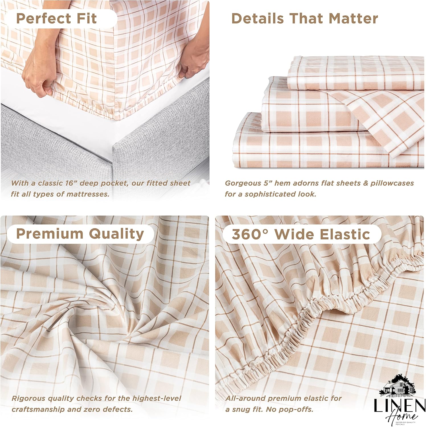 Linen Home Cotton Lyocell Blend Percale Sheet Set Queen Size - 4 Piece Deep Pocket Bedding, Pre-Washed & Shrunk, Crisp Cooling Fabric…
