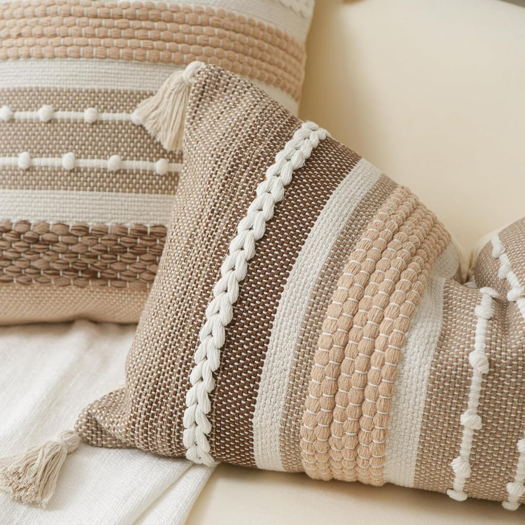 BlissBlush Brown Decorative Throw Pillow Cover 20x20 Square Boho Accent Pillowcase Tassels Farmhouse Cushion for Couch Sofa Bedroom…