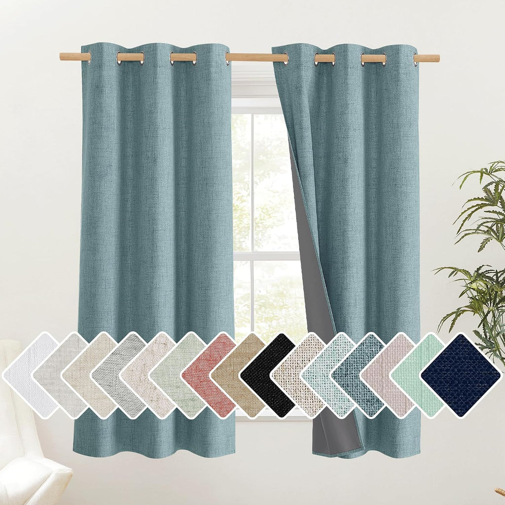 NICETOWN 100% Absolutely Blackout Linen Curtains with Thermal Insulated White Liner, Skylark Blue, 42" Wide, 63" Length Energy Saving…