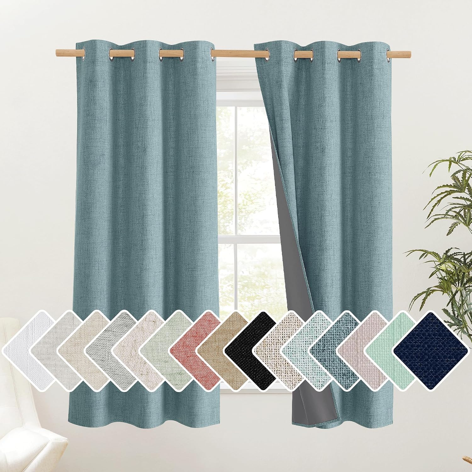 NICETOWN 100% Absolutely Blackout Linen Curtains with Thermal Insulated White Liner, Skylark Blue, 42" Wide, 63" Length Energy Saving…