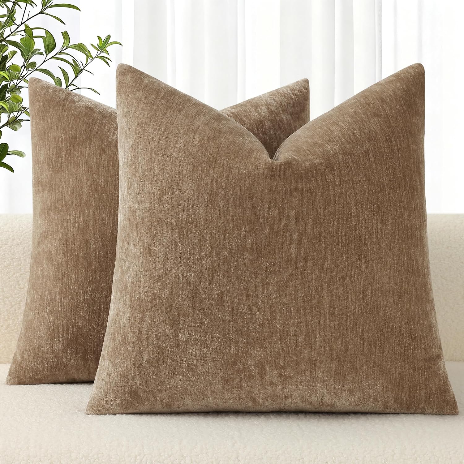 decorUhome Chenille Brown Throw Pillow Covers 22x22 Inch Set of 2, Decorative Soft Couch Pillow Covers Solid Dyed Accent Farmhouse Neutral…