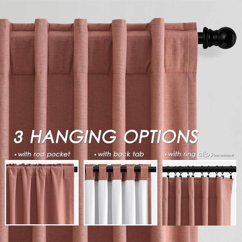 Nanspring Canyon Rose 100% Blackout Linen Curtains for Bedroom 90 Inches Long Back Tab Thermal Insulated Modern Boho Decor Black Out Girl C…