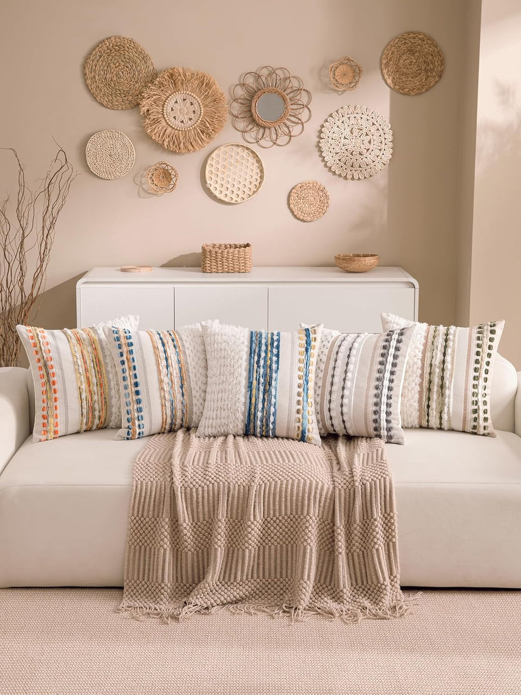 Fall Boho Chenille Tufted Throw Pillow Covers 18x18 Inch Set of 2 Farmhouse Striped Couch Decorative Pillow Covers Accent Neutral…