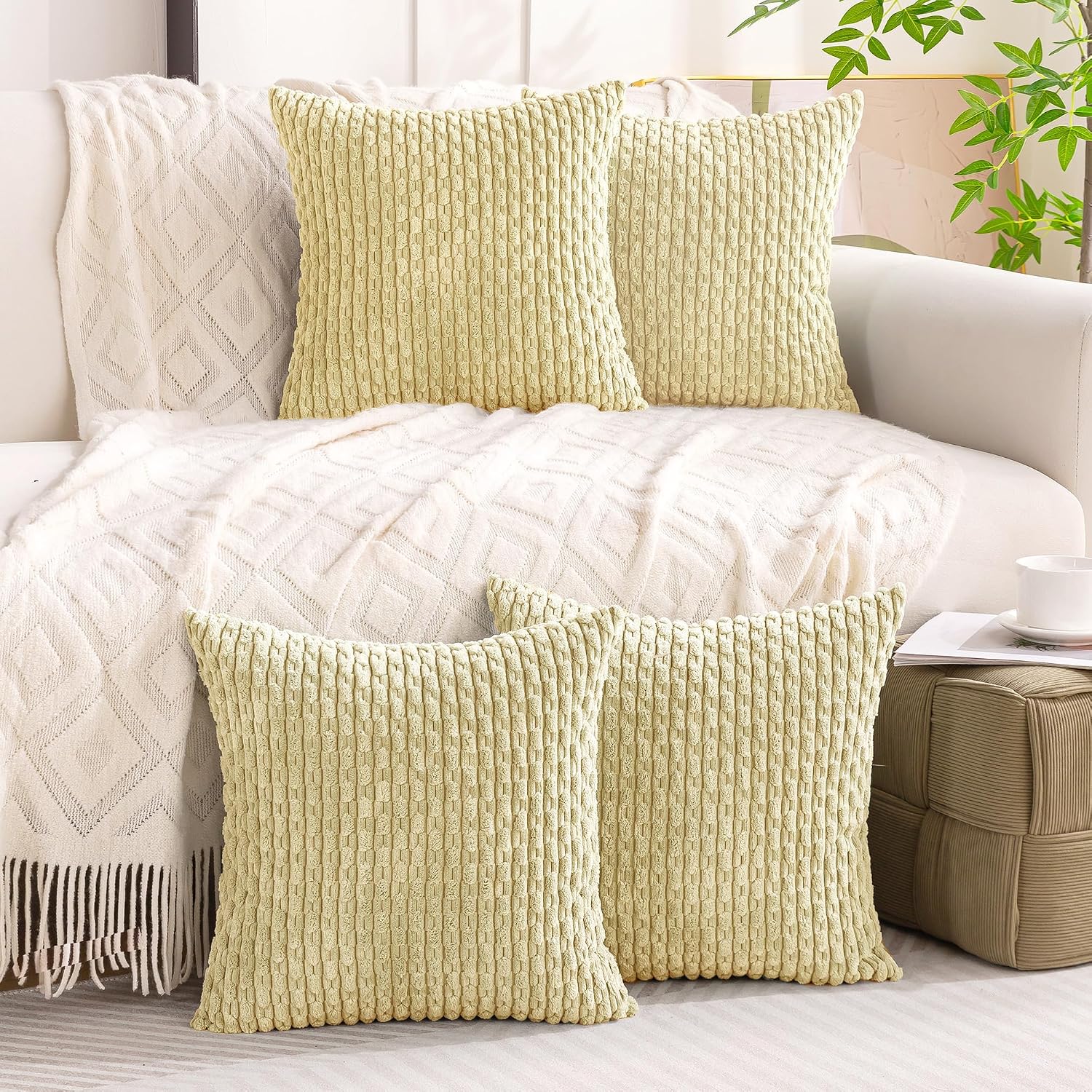 Cozoomy Set of 4 Pale Yellow Decorative Throw Pillow Covers 18x18 Inch Corduroy Pillow Covers for Bed Couch Sofa Living Room Soft Square Cu…