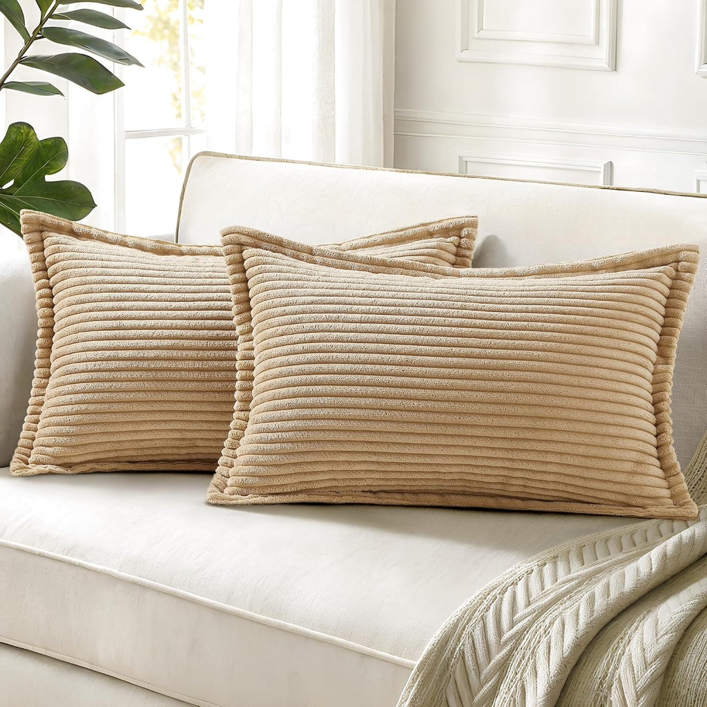 decorUhome Summer Corduroy Light Brown Throw Pillow Covers 12x20 Set of 2 Decorative Soft Boho Farmhouse Lumbar Couch Pillow Covers for Liv…