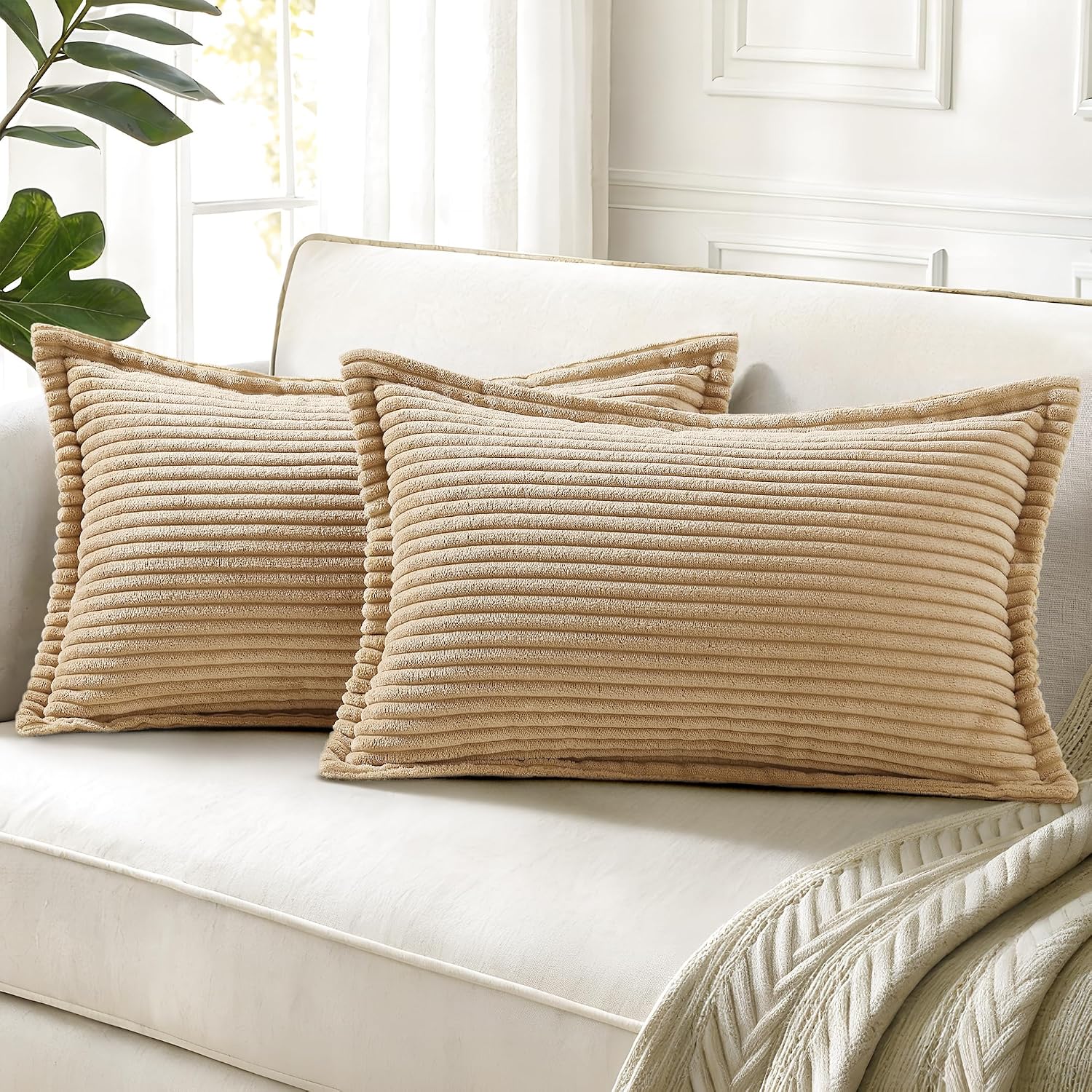 decorUhome Summer Corduroy Light Brown Throw Pillow Covers 12x20 Set of 2 Decorative Soft Boho Farmhouse Lumbar Couch Pillow Covers for Liv…
