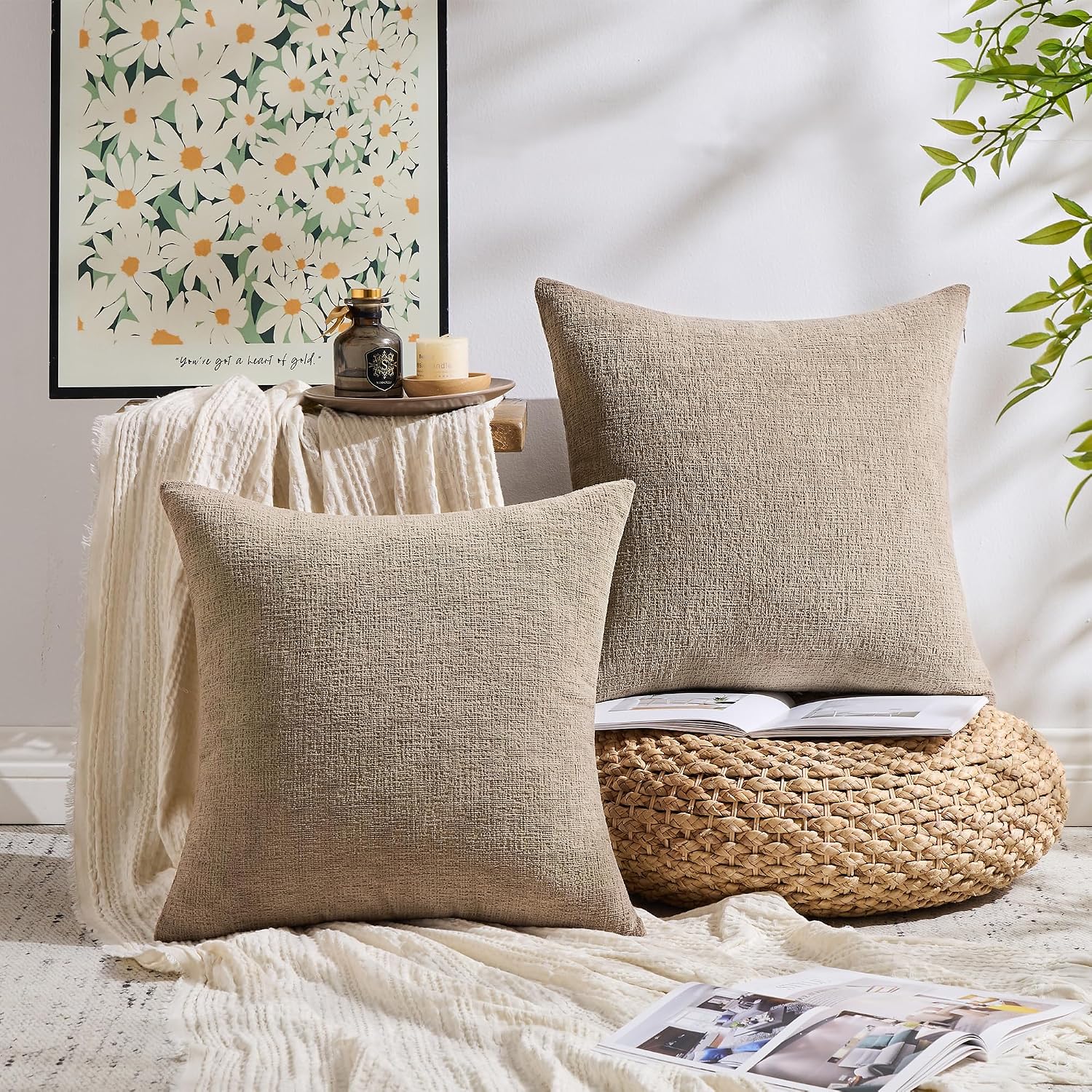Gawamay Set of 2 Soft Textured Chenille Throw Pillow Covers 20x20 Inch (50x50 CM), Decorative Pillowcases Cushion Covers for Farmhouse Home…