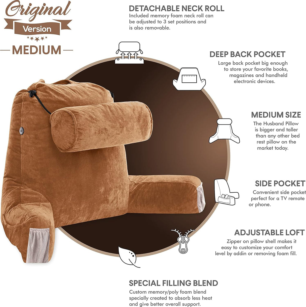 HusbandPillow Husband Pillow Medium Reading Pillow with Arms - 23" Backrest for Sitting Up in Bed - Firm Support Bed Rest Pillow for Adults…
