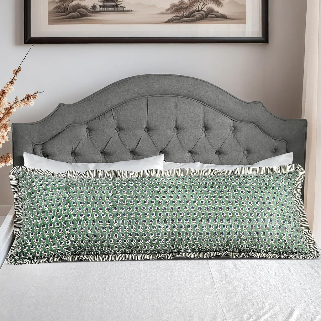 Ridhi Block Print Basil Green 54"x20" Set 1-100% Cotton Ruffle Lumbar Sham Cover Boho Floral Pillowcase, Farmhouse Cottagecore Bedding…