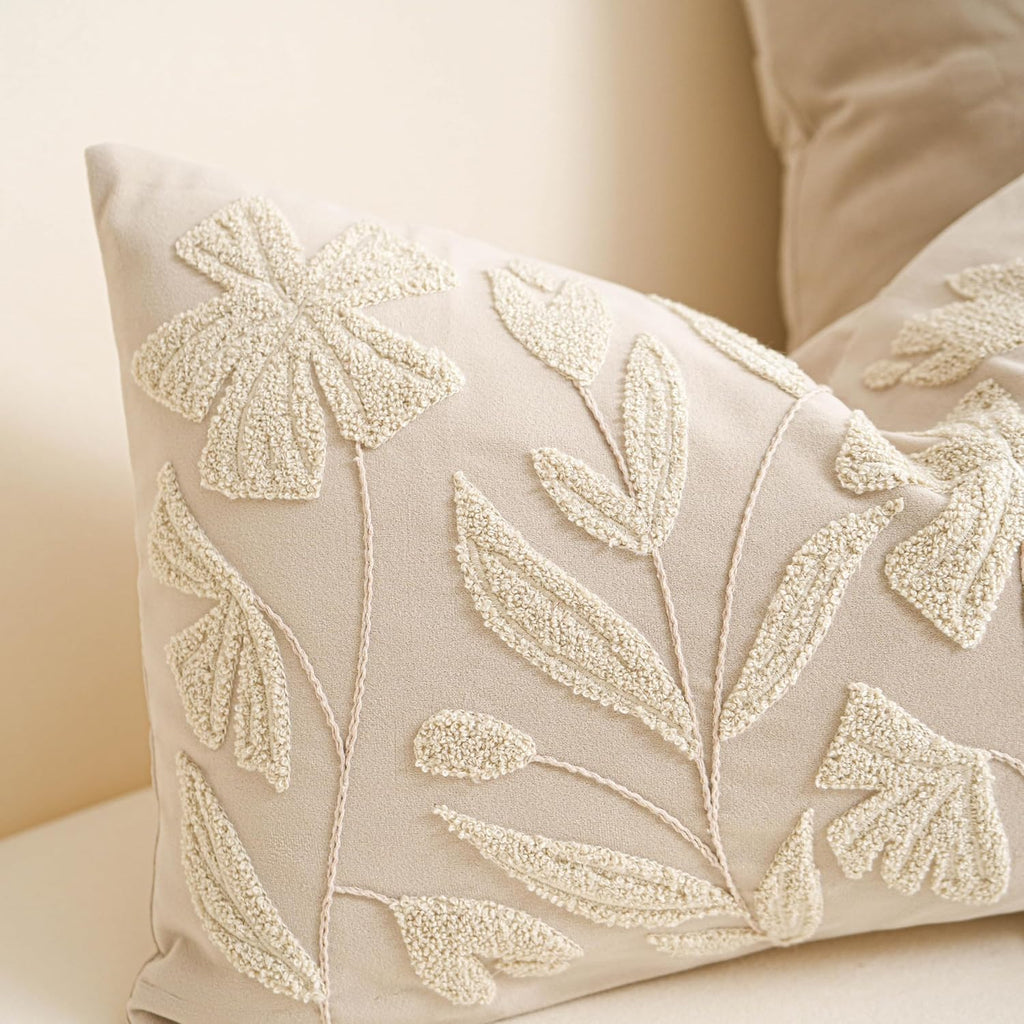BlissBlush 14x36 Lumbar Pillow Cover for Bed, Rectangular Decorative Long Throw Pillowcase, Embroidered Farmhouse Accent Cushion, Beige…