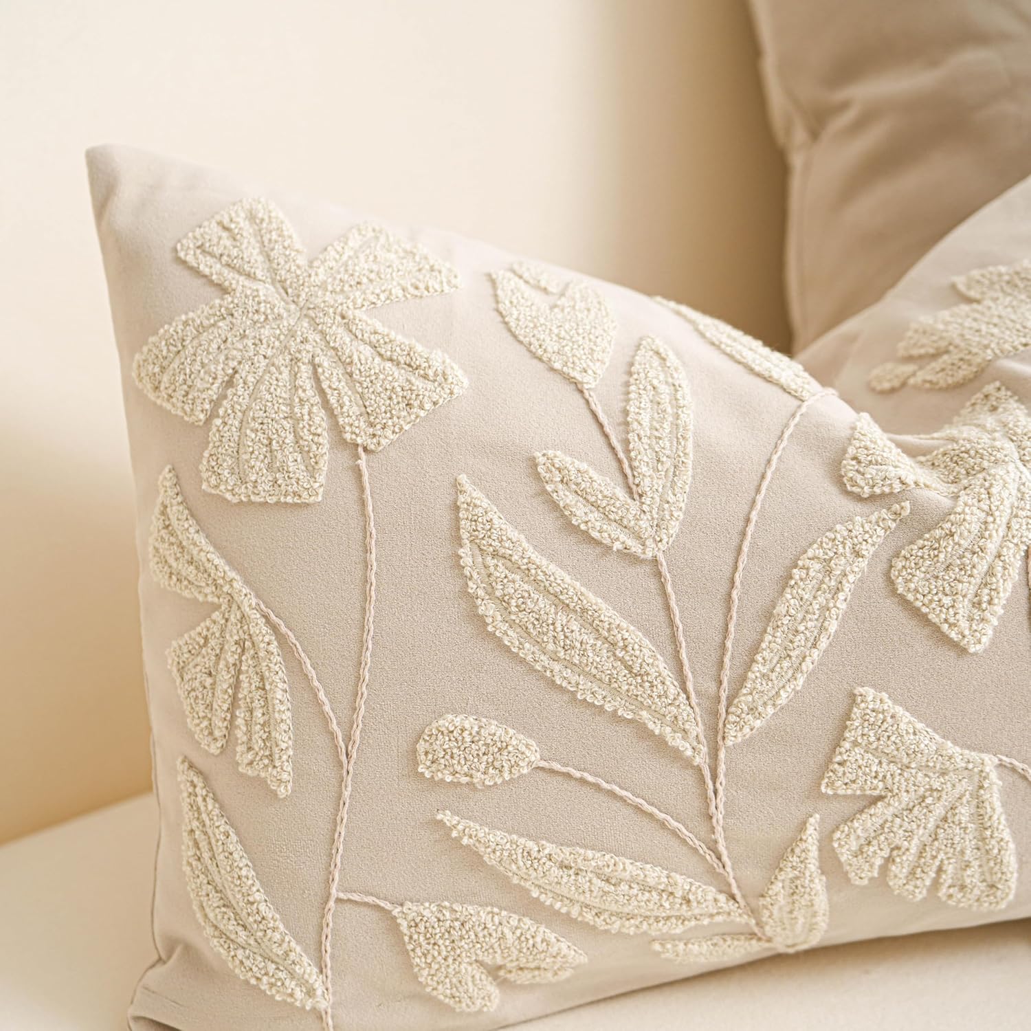 BlissBlush 14x36 Lumbar Pillow Cover for Bed, Rectangular Decorative Long Throw Pillowcase, Embroidered Farmhouse Accent Cushion, Beige…