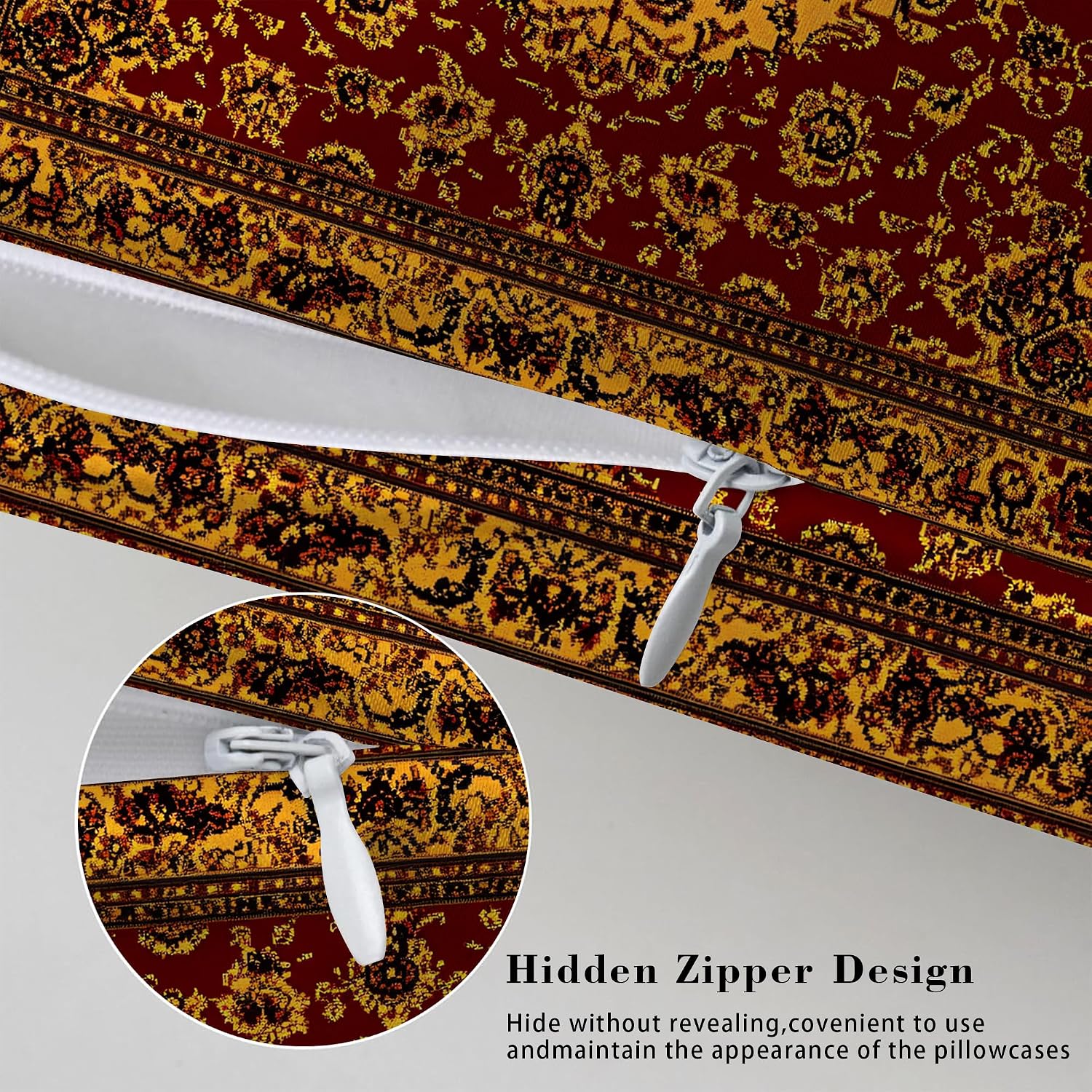 Imitation Silk Pillowcase for Hair and Skin Boho Retro Dark Red Golden Carpet 1 Pack Satin Queen Pillowcase with Hidden Zipper Cooling…