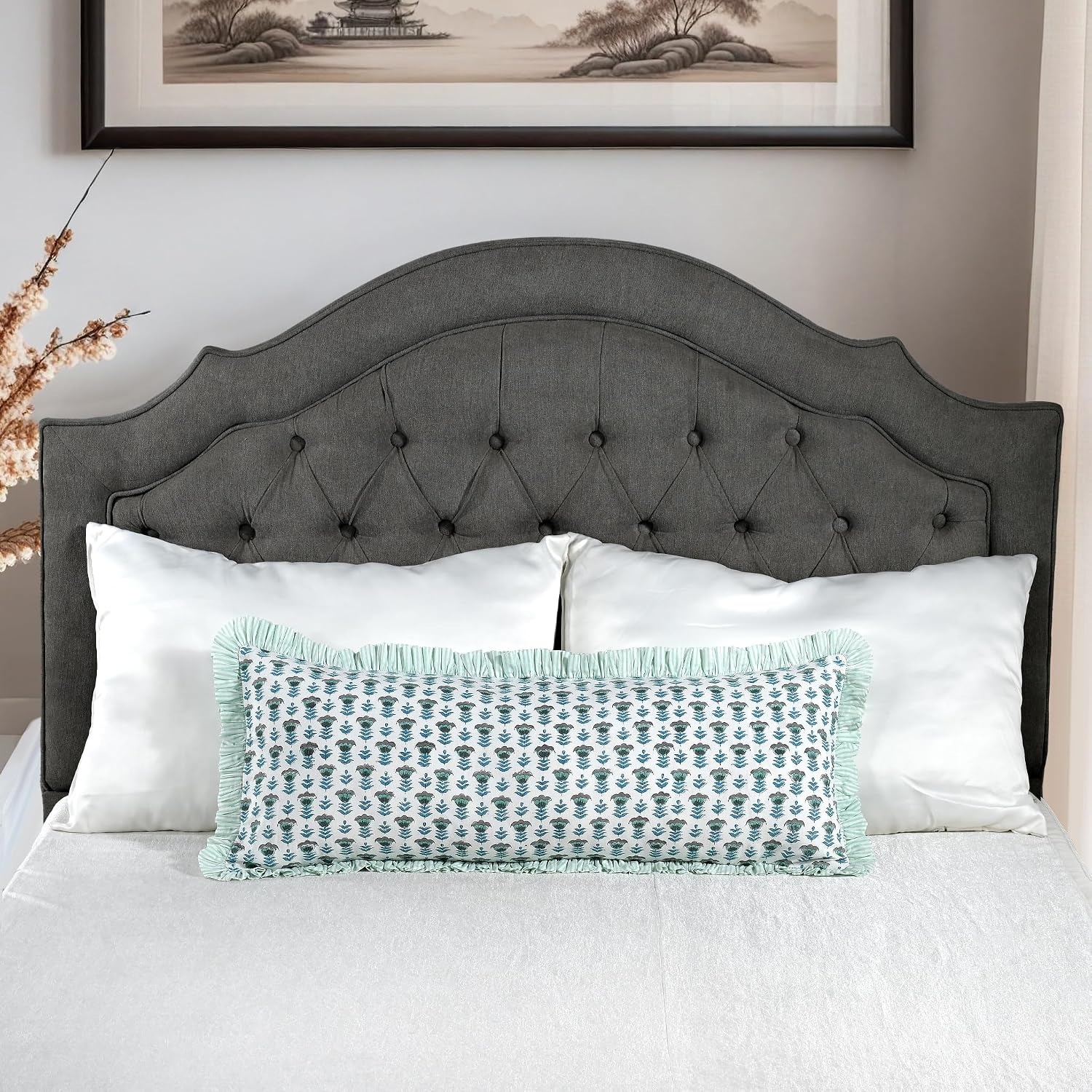 Ridhi Block Print Aquamarine Blue 36"x14" Set 1-100% Cotton Ruffle Lumbar Sham Cover Boho Floral Pillowcase, Farmhouse Cottagecore…