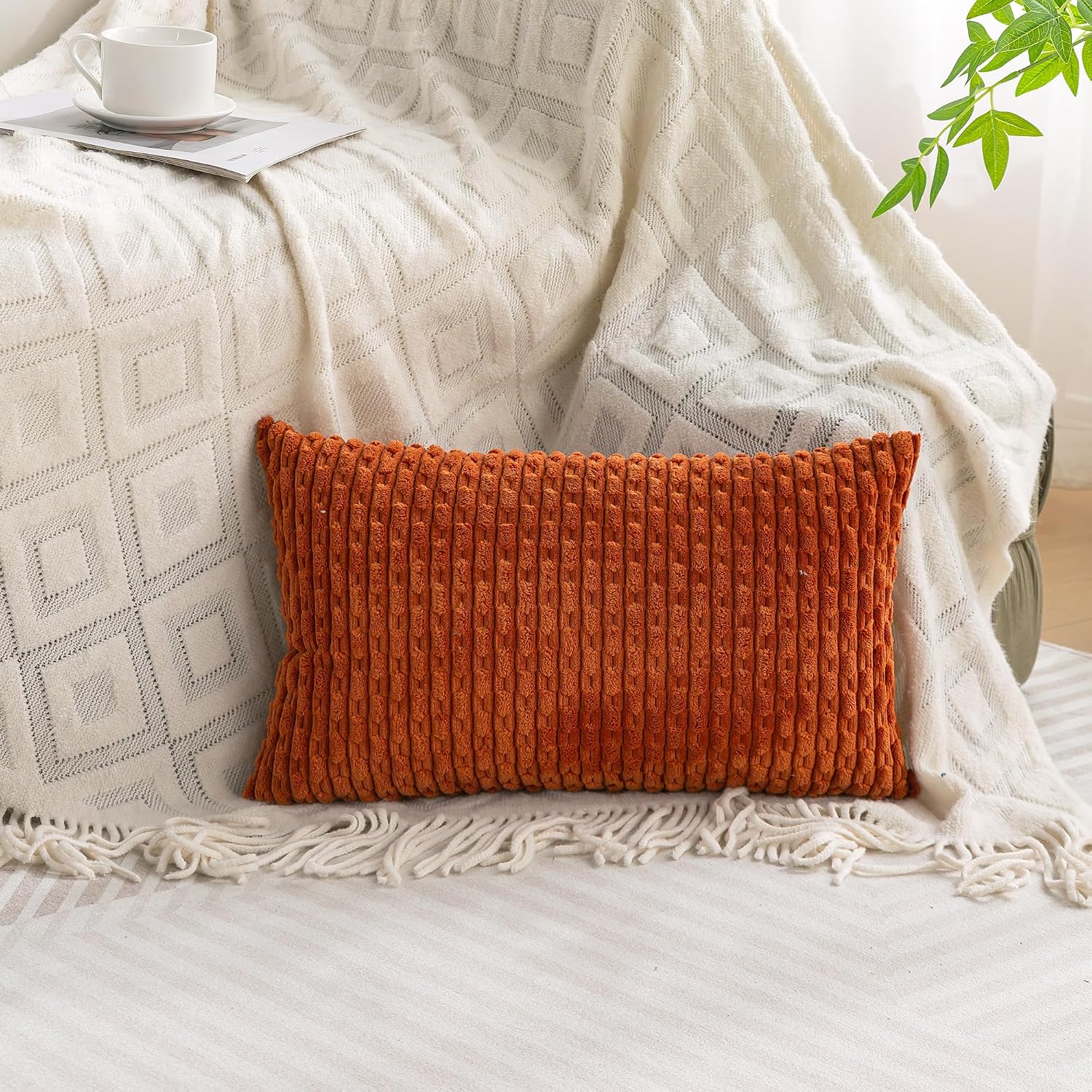 Cozoomy Set of 4 Burnt Orange Decorative Throw Pillow Covers 12x20 Inch Corduroy Pillow Covers for Bed Couch Sofa Living Room Soft Cushion…