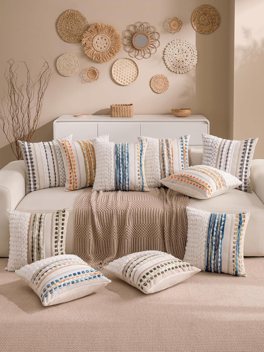 Fall Boho Chenille Tufted Throw Pillow Covers 18x18 Inch Set of 2 Farmhouse Striped Couch Decorative Pillow Covers Accent Neutral…