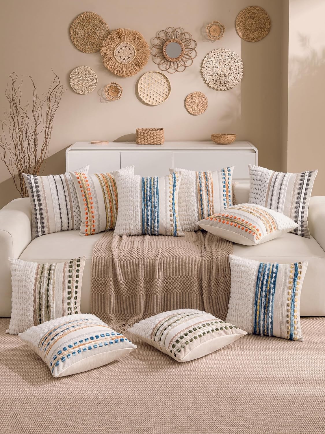 Boho Chenille Tufted Couch Throw Pillow Covers 18x18 Inch Set of 2 Farmhouse Striped Decorative Pillow Covers Accent Neutral Square…