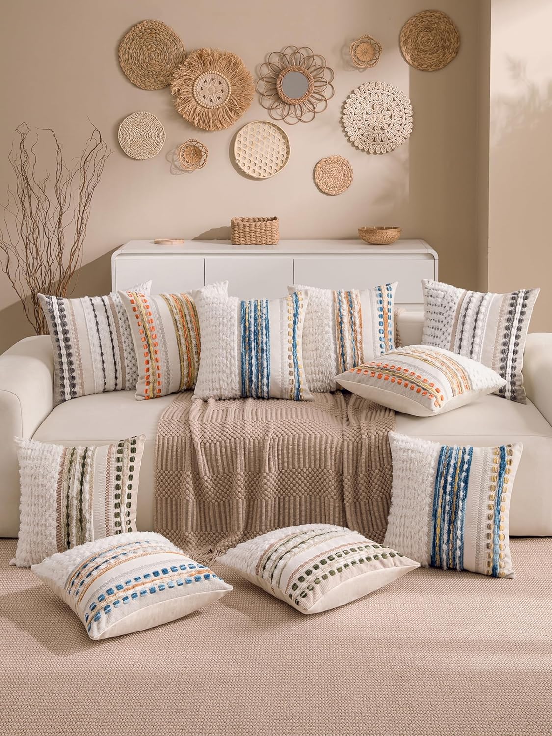 Boho Chenille Tufted Couch Throw Pillow Covers 18x18 Inch Set of 2 Farmhouse Striped Decorative Pillow Covers Accent Neutral Square…