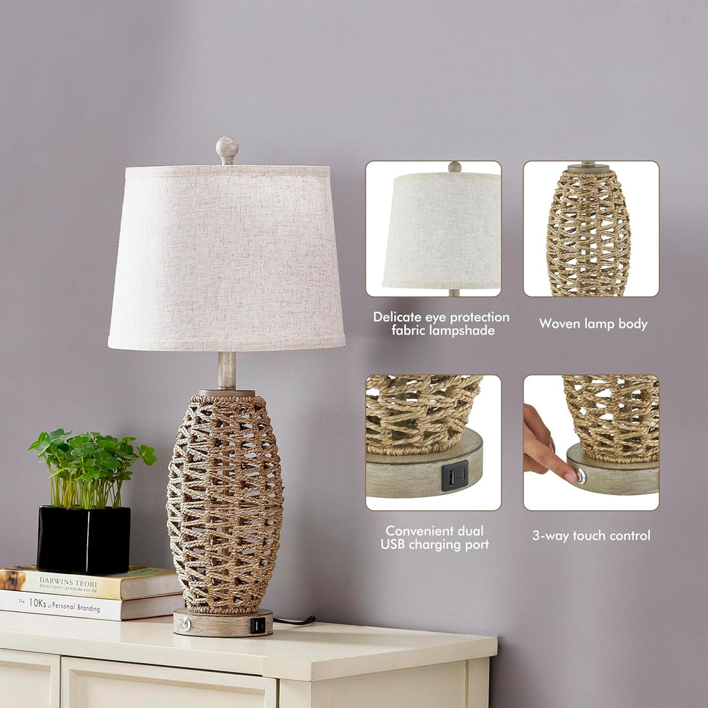 27” Natural Rattan Table Lamps Set of 2, Touch Switch,3-Way Dimmable Bedside Lamps, with A+C USB Charging Ports, Oatmeal…