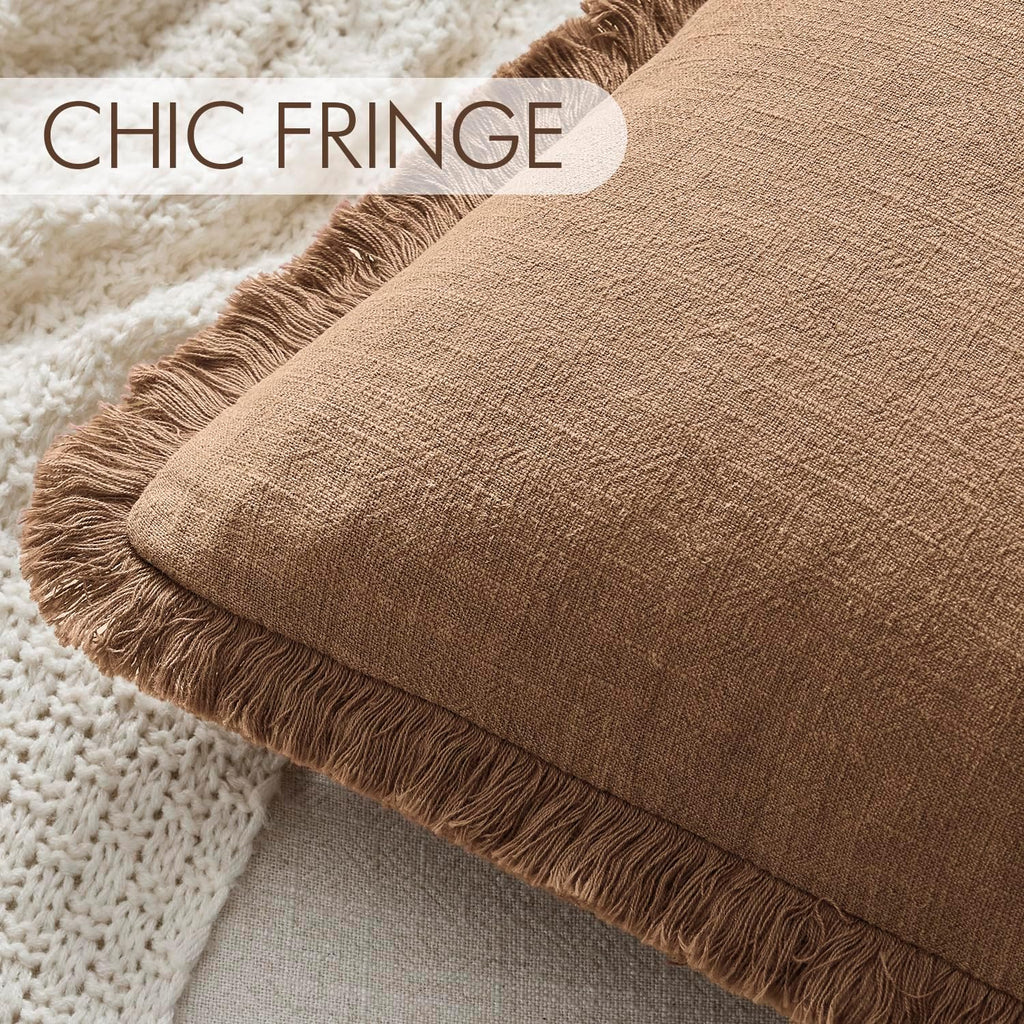 Anroduo Set of 2 Decorative Throw Pillow Covers 20×20 Inch Soft Linen Fringe Boho Farmhouse Vintage Cushion Covers with Tassels Accent Pill…