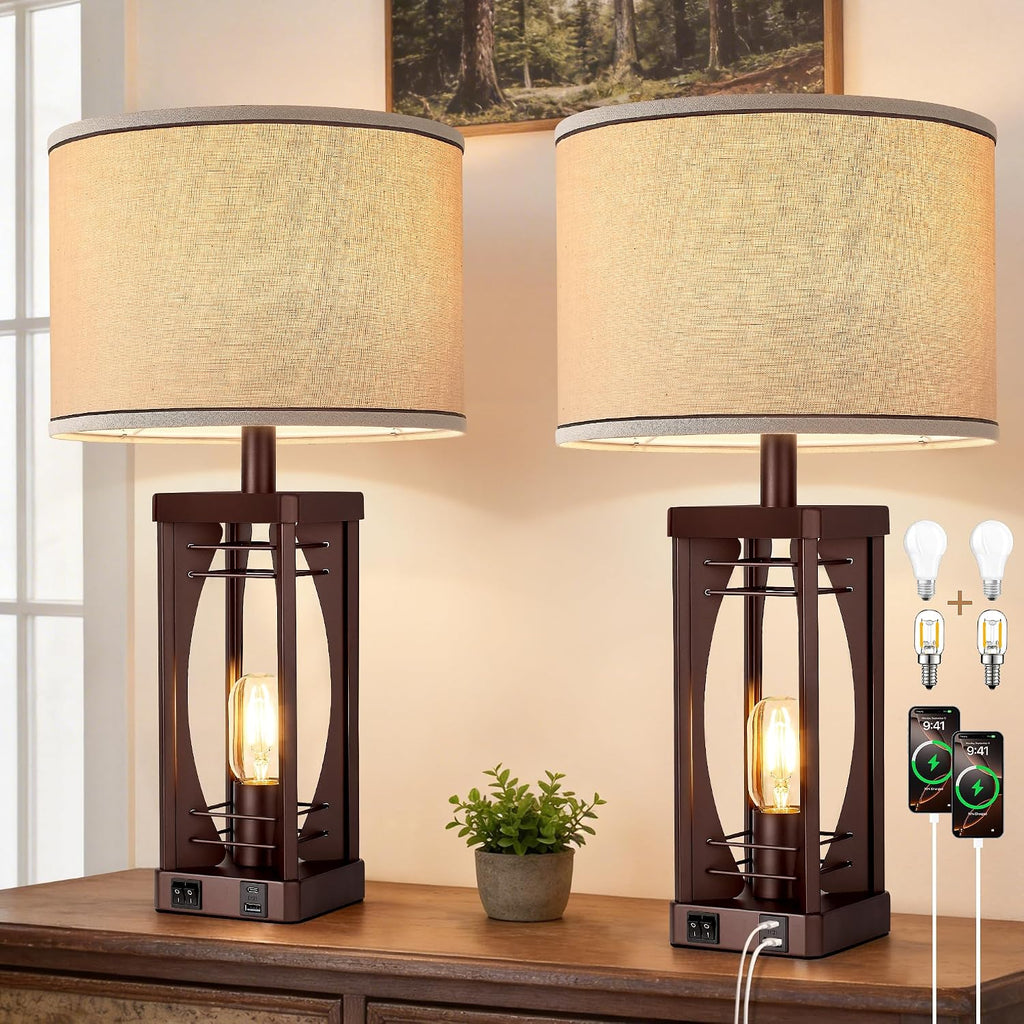 SRJJA Farmhouse Table Lamps Set of 2 for Living Room, Rustic Bedside Nightstand Lamps with USB A+C Charging Ports, 22.5" Dual Light…