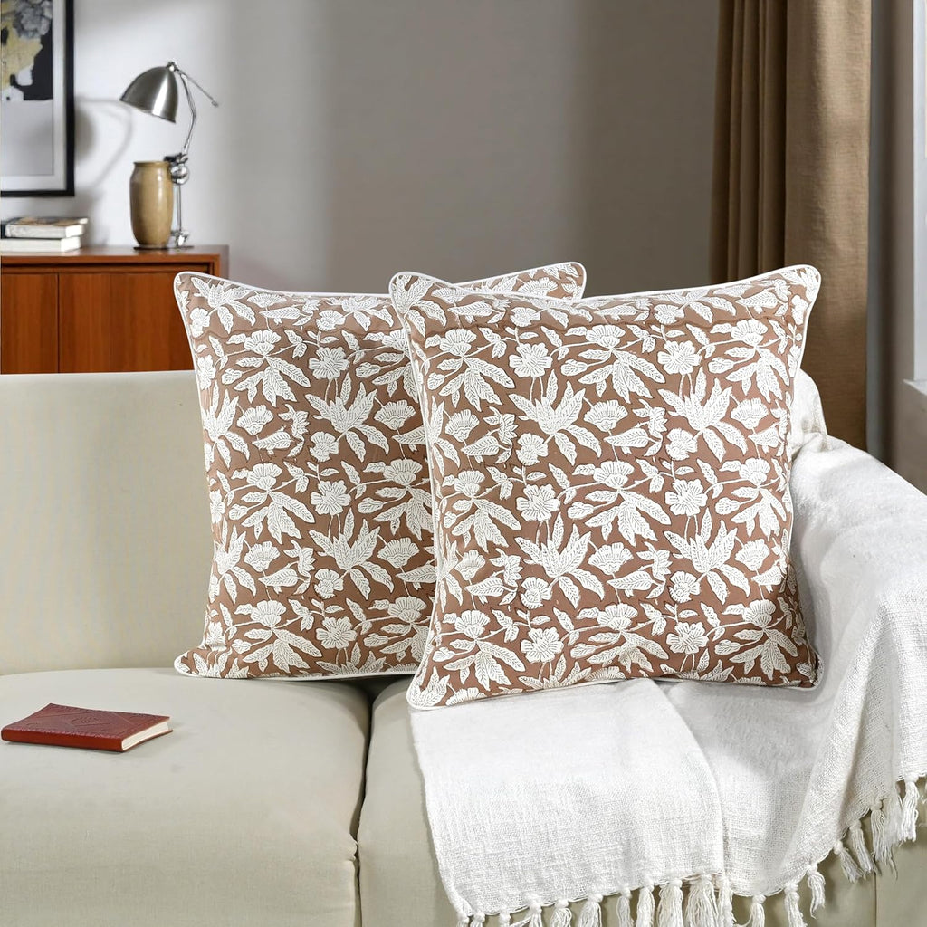 Ridhi Oak Brown Block Print Cotton Piping Throw Pillow Covers 16x16 Set of 2 Decorative Couch Pillows for Living Room, Chic Boho Cute…