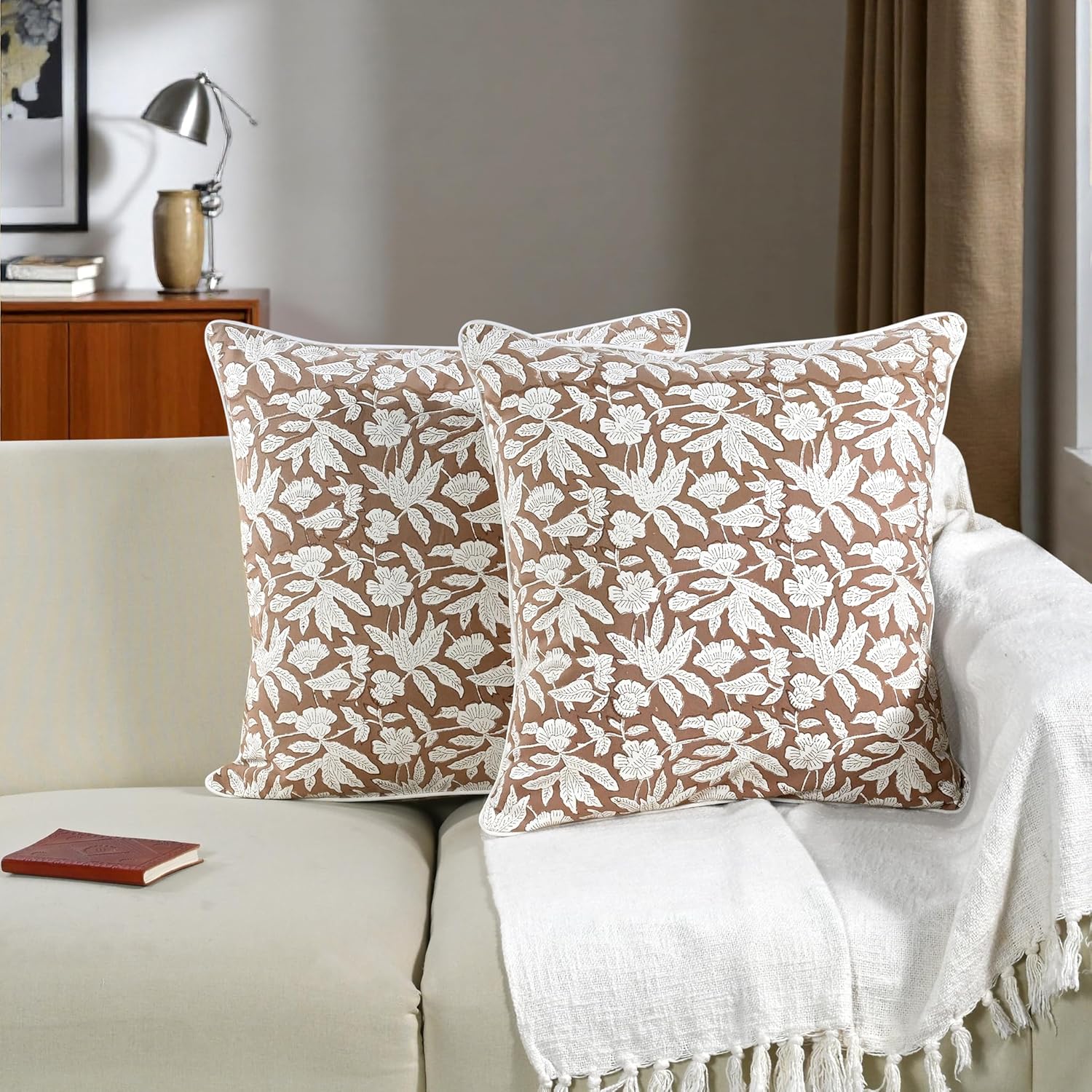 Ridhi Oak Brown Block Print Cotton Piping Throw Pillow Covers 16x16 Set of 2 Decorative Couch Pillows for Living Room, Chic Boho Cute…