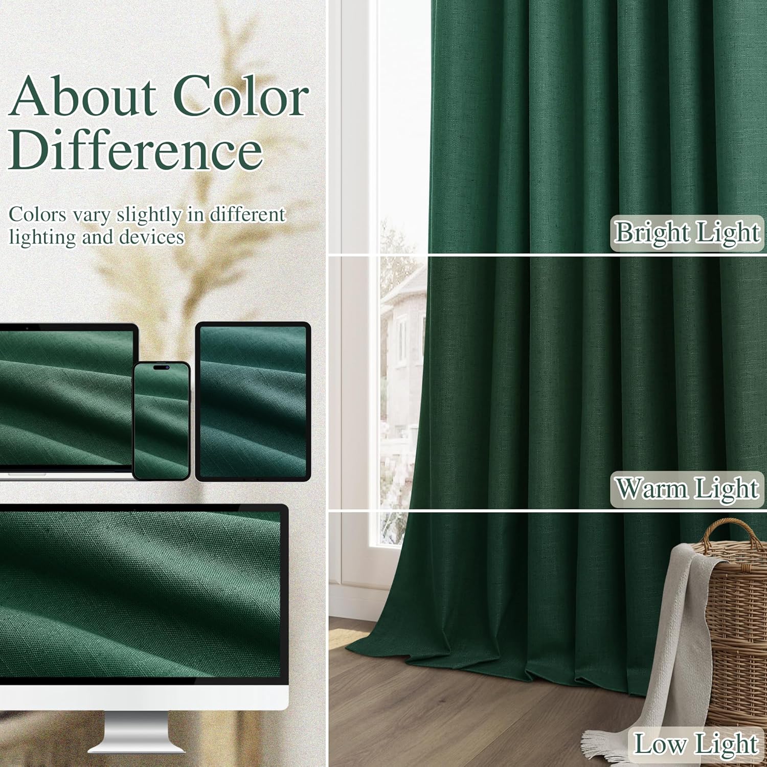 Guken Dark Green 100% Blackout Curtains 96 Inch Length 2 Panels Set for Living Room Bedroom Back Tab Thermal Insulated Black Out Linen Drap…