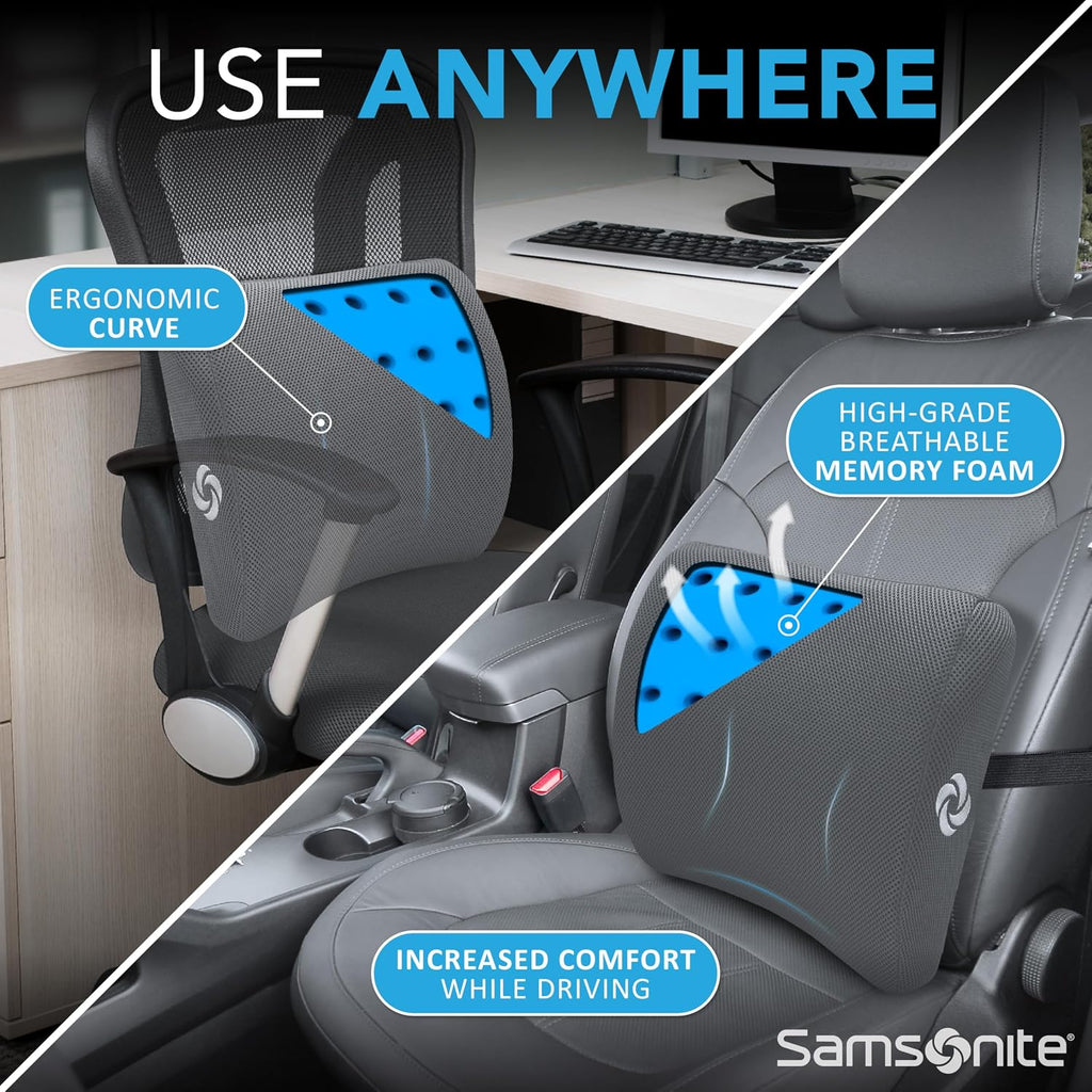 Samsonite Memory Foam Lumbar Support Pillow for Office Chair, Gaming Chair, or Car-Ergonomic Back Cushion-Home Essentials for Sitting…