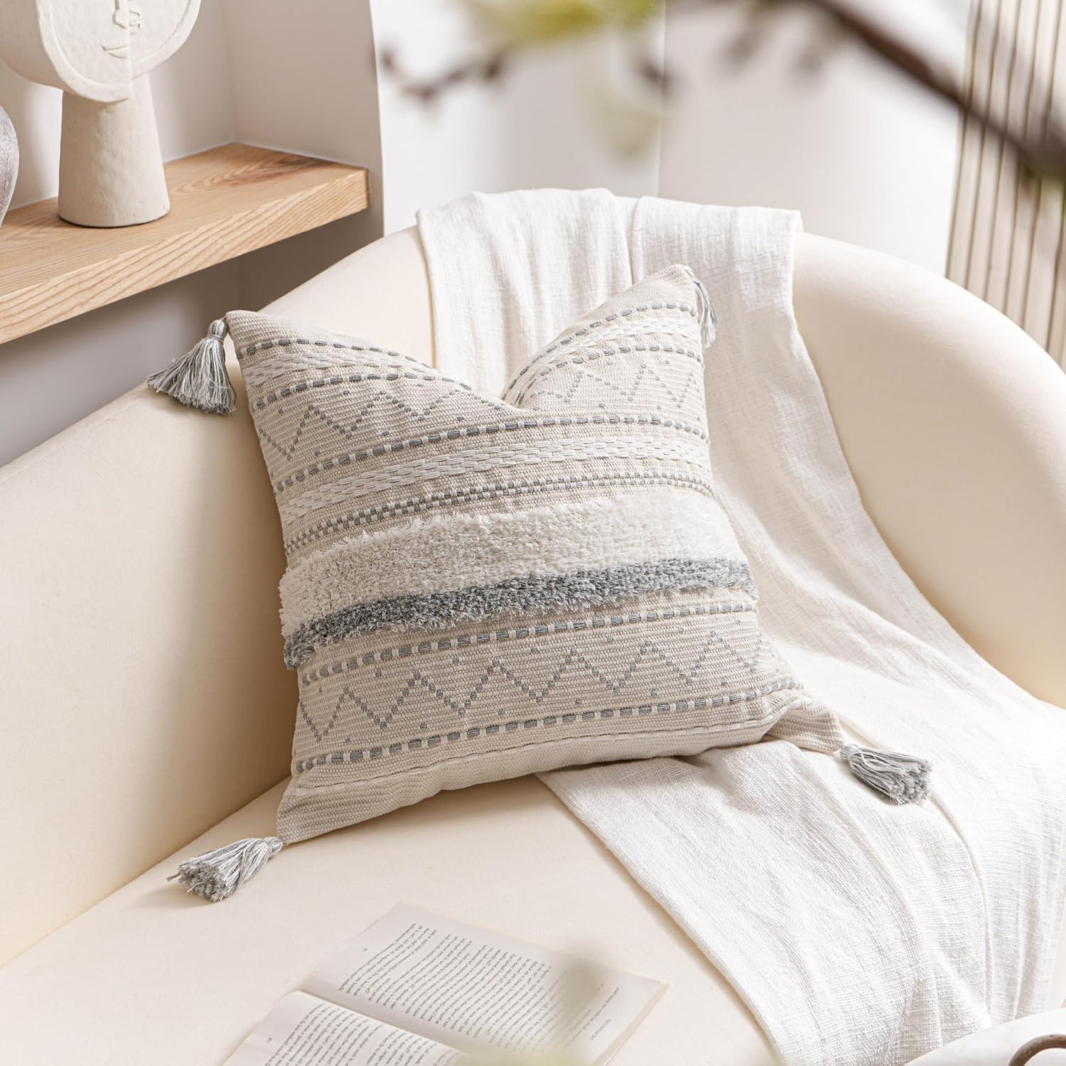 BlissBlush 18X18 Throw Pillow Cover, Cream Neutral Square Decorative Cushion Cover with Gray Pattern, Boho Accent Pillowcase with Tufted…