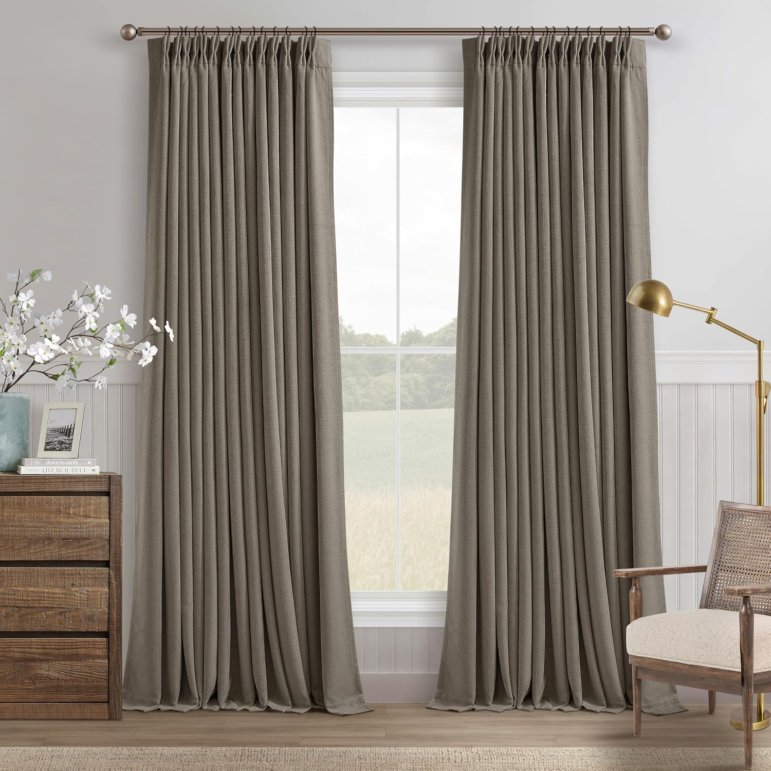 Twodrapes Dark Taupe Linen Blackout Pleated 108 Inch Curtains for Living Room Darkening Pinch Pleat 100% Black Out Drapes Thermal Insulated…