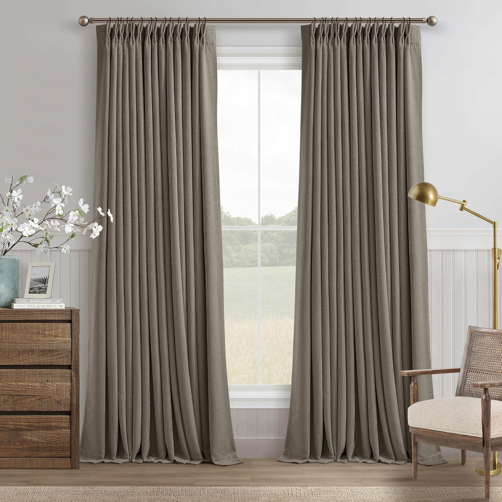 Twodrapes Flax Taupe Pinch Pleated Blackout Curtains 102 Inches Long for Bedroom 100% Black Out Thick Linen Dual Layer Pleated Drapes Farmh…