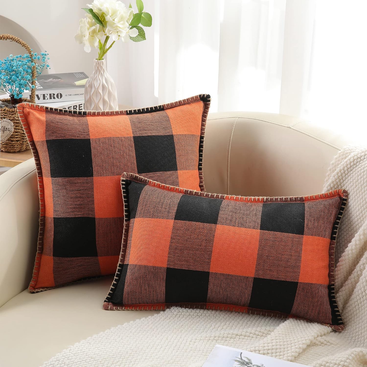 decorUhome Summer Buffalo Plaid Check Throw Pillow Covers 22x22 Set of 2 Outdoor Linen Decorative Farmhouse Gingham Euro Sham Pillow Covers…