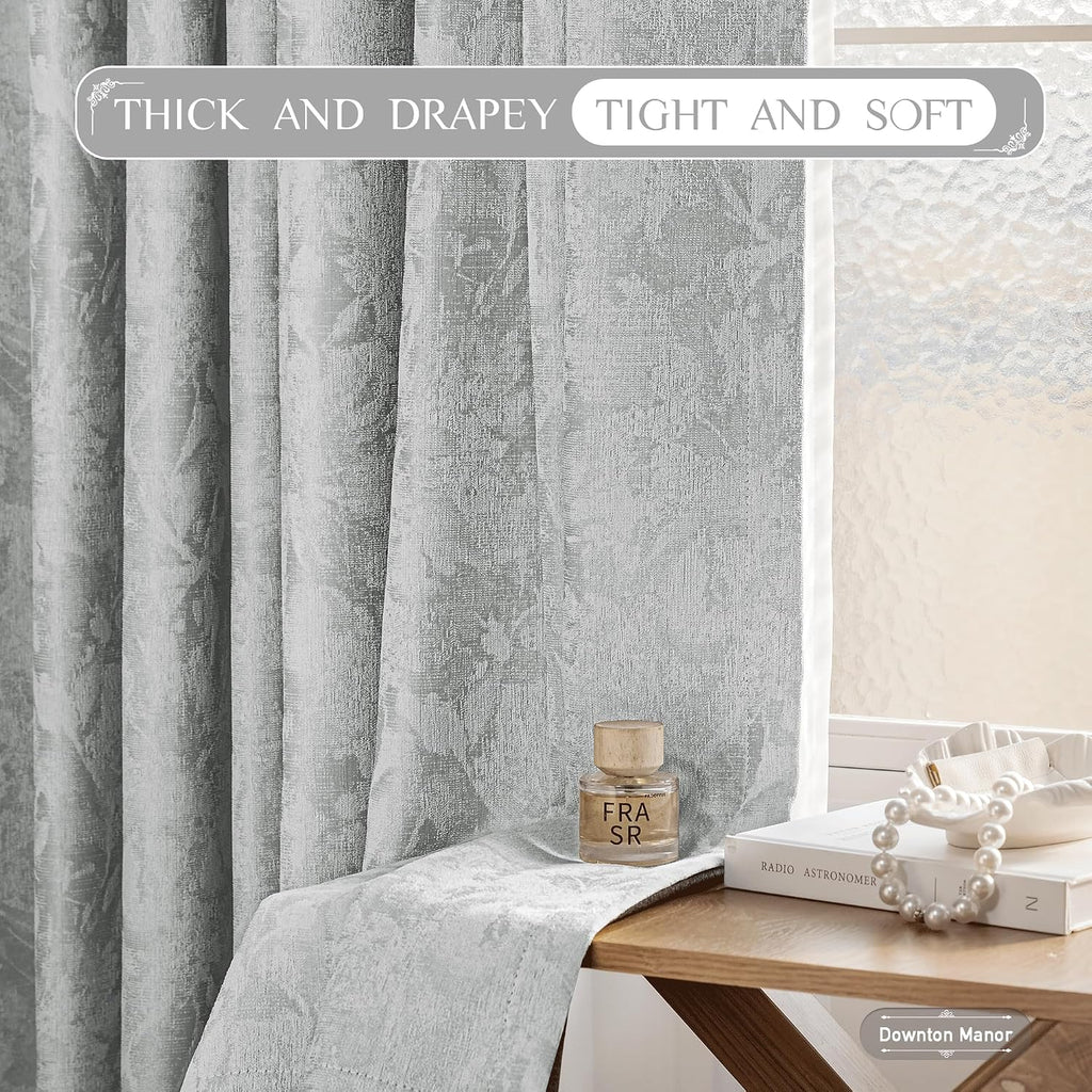 Beauoop Grey Floral Jacquard Blackout Curtains 72 Inches Long 2 Panels for Bedroom Living Room Chenille Flower Room Darkening Thermal…
