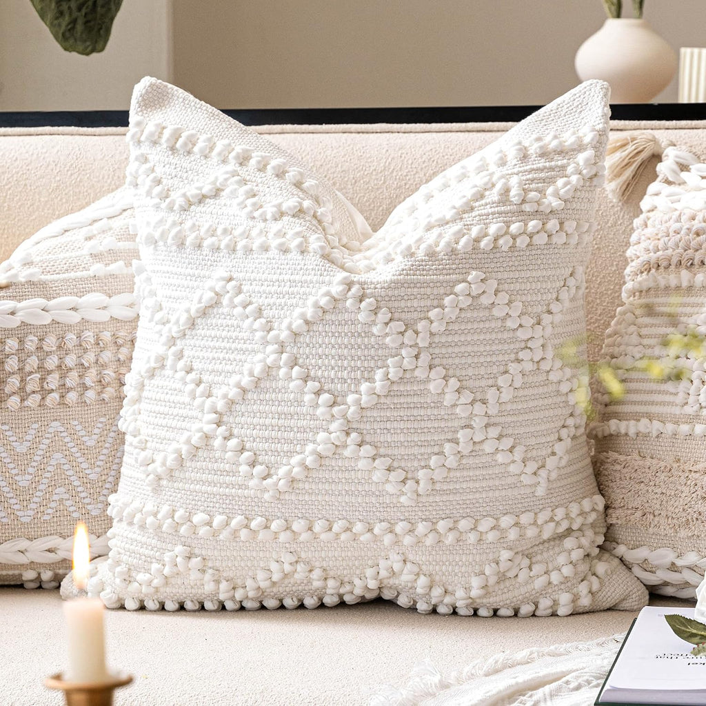 BlissBlush Pure White Decorative Throw Pillow Cover 22X22, Boho Accent Pillow for Couch, Square Modern Farmhouse Pillowcase for Living…