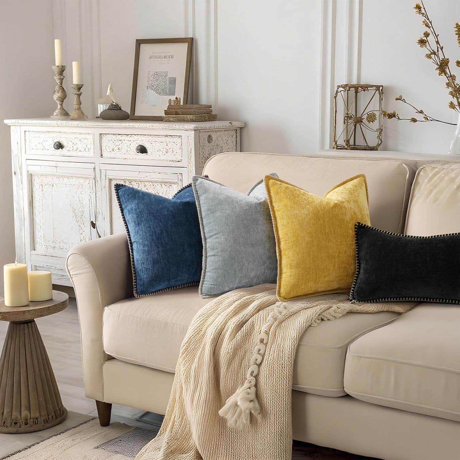 decorUhome Chenille Soft Cozy Throw Pillow Covers 12x20 Set of 2, Modern Farmhouse Boho Velvet Decorative Pillow Cases with Stitched Edge f…