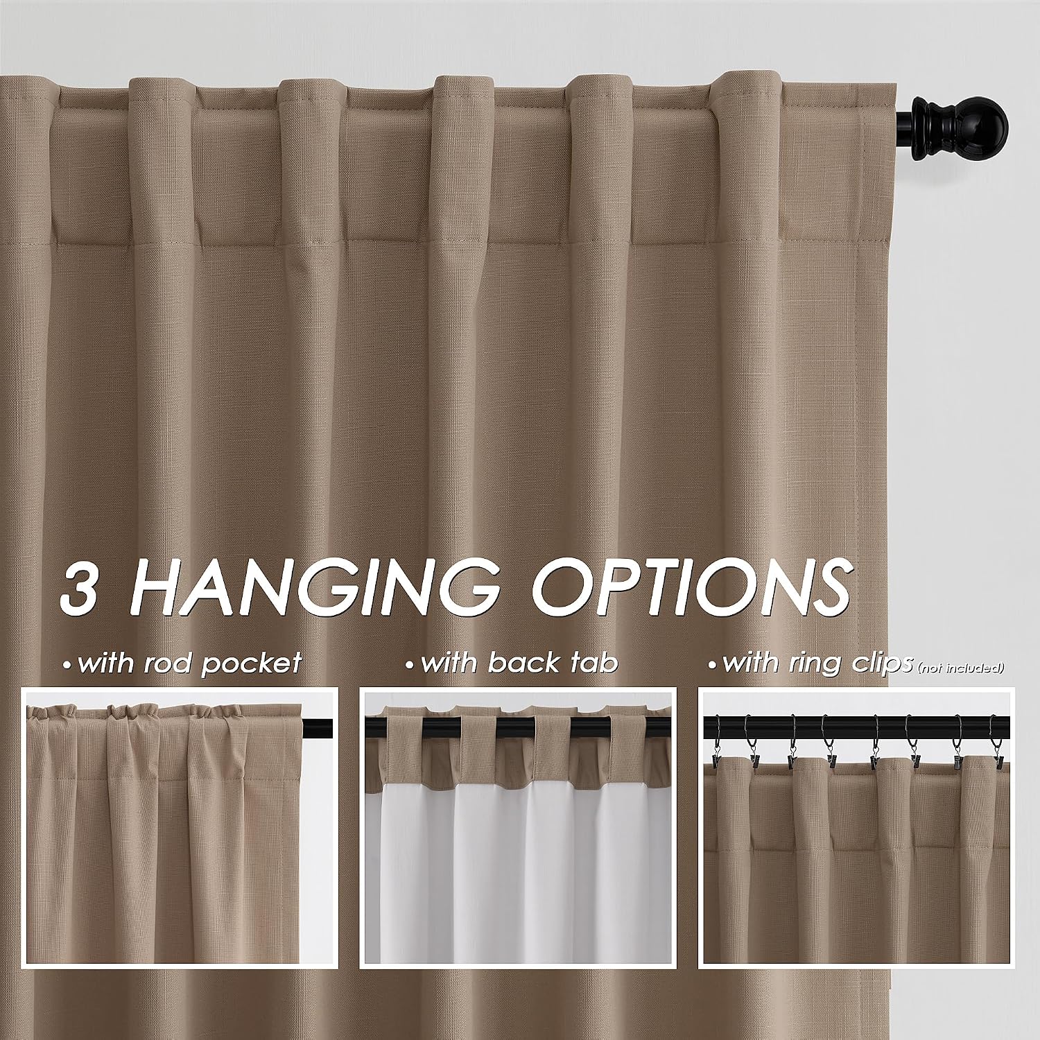 Nanspring Tan 100% Blackout Linen Curtains for Bedroom 120 Inches Long Back Tab Thermal Insulated Farmhouse Boho Decor Black Out Curtain fo…
