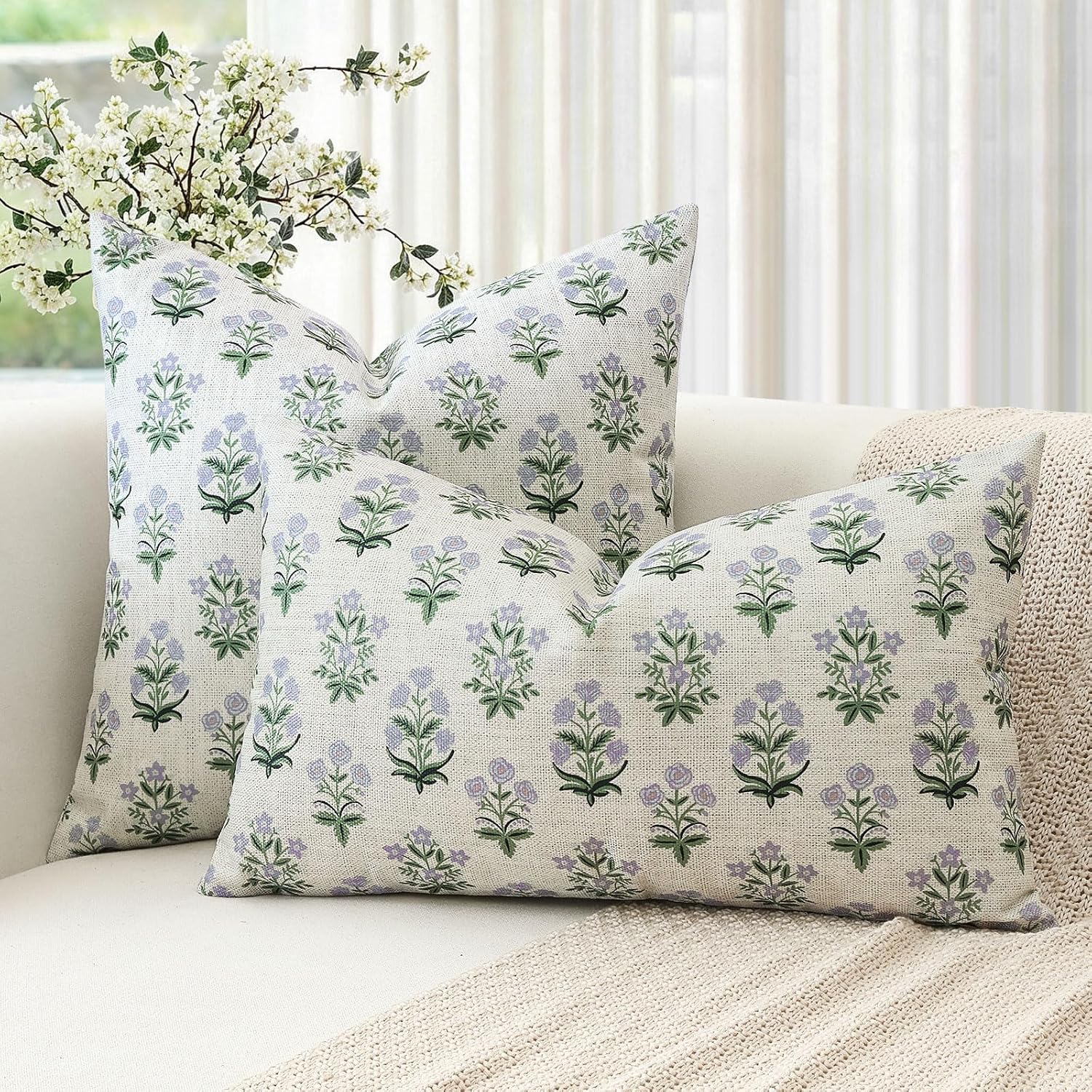 OTOSTAR Floral Print Pillow Covers 16x16 Inch Pack of 2 Double-Sided Blue Green Flower Square Throw Pillow Covers Farmhouse Rustic…