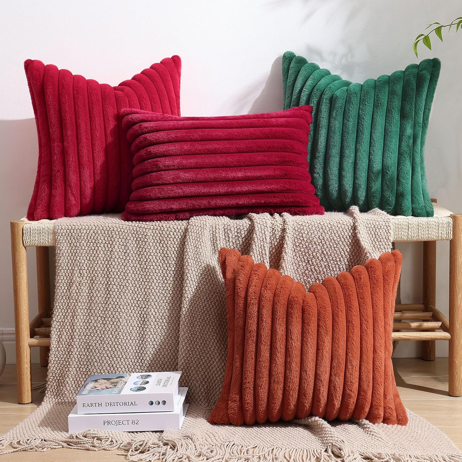 decorUhome Cozy Faux Fur Throw Pillow Covers 22x22 Set of 2 Decorative Soft Plush Striped Modern Farmhouse Boho Couch Euro Sham Pillow Case…