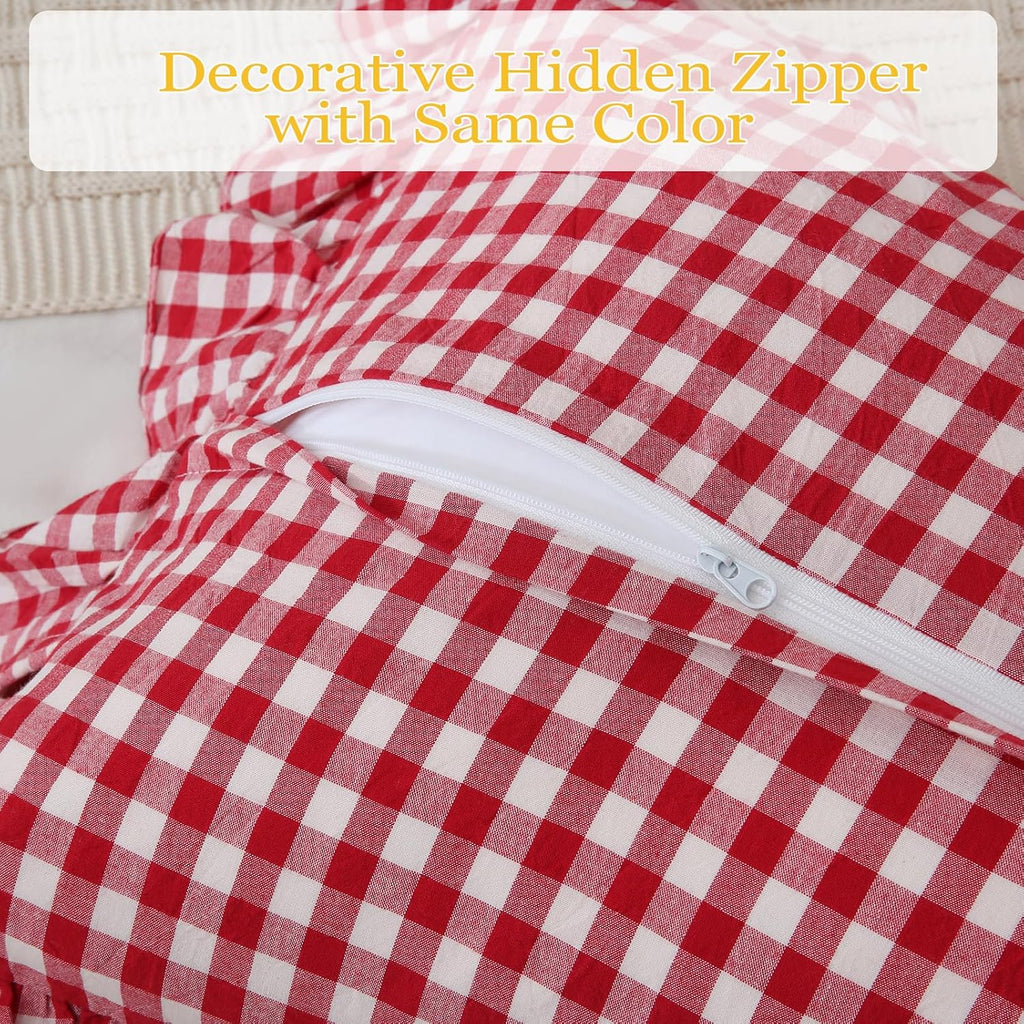 Qilunn 14x36 inches Red/White Plaid Ruffle Lumbar Gingham Pillow Sham 1 Piece, Pure Cotton Decor Pillowcase Farmhouse Pillow Cover for Bedd…