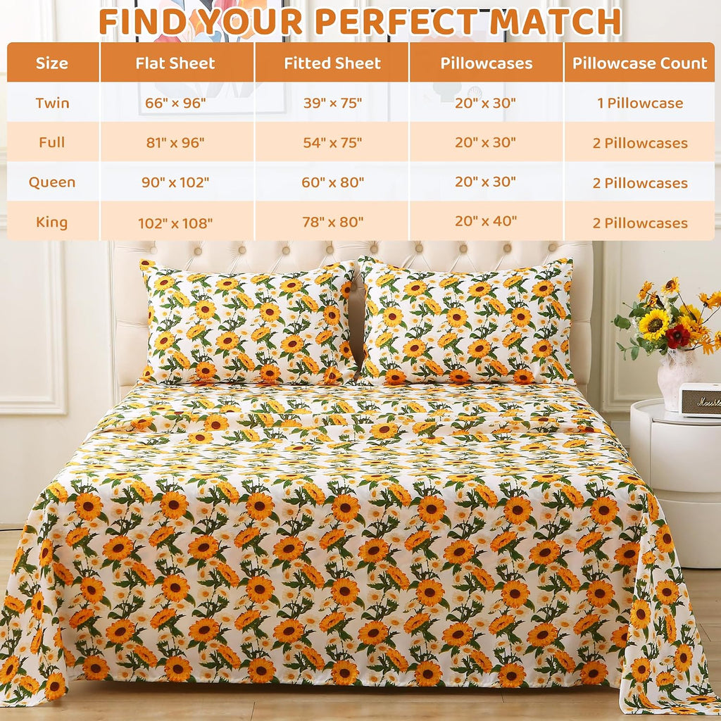 mooreeke Cozy Vintage Microfiber Printed Floral Twin Sheet Set - Soft & Breathable Yellow Sunflower Bed Sheets with Extra Deep Pocket - Non…
