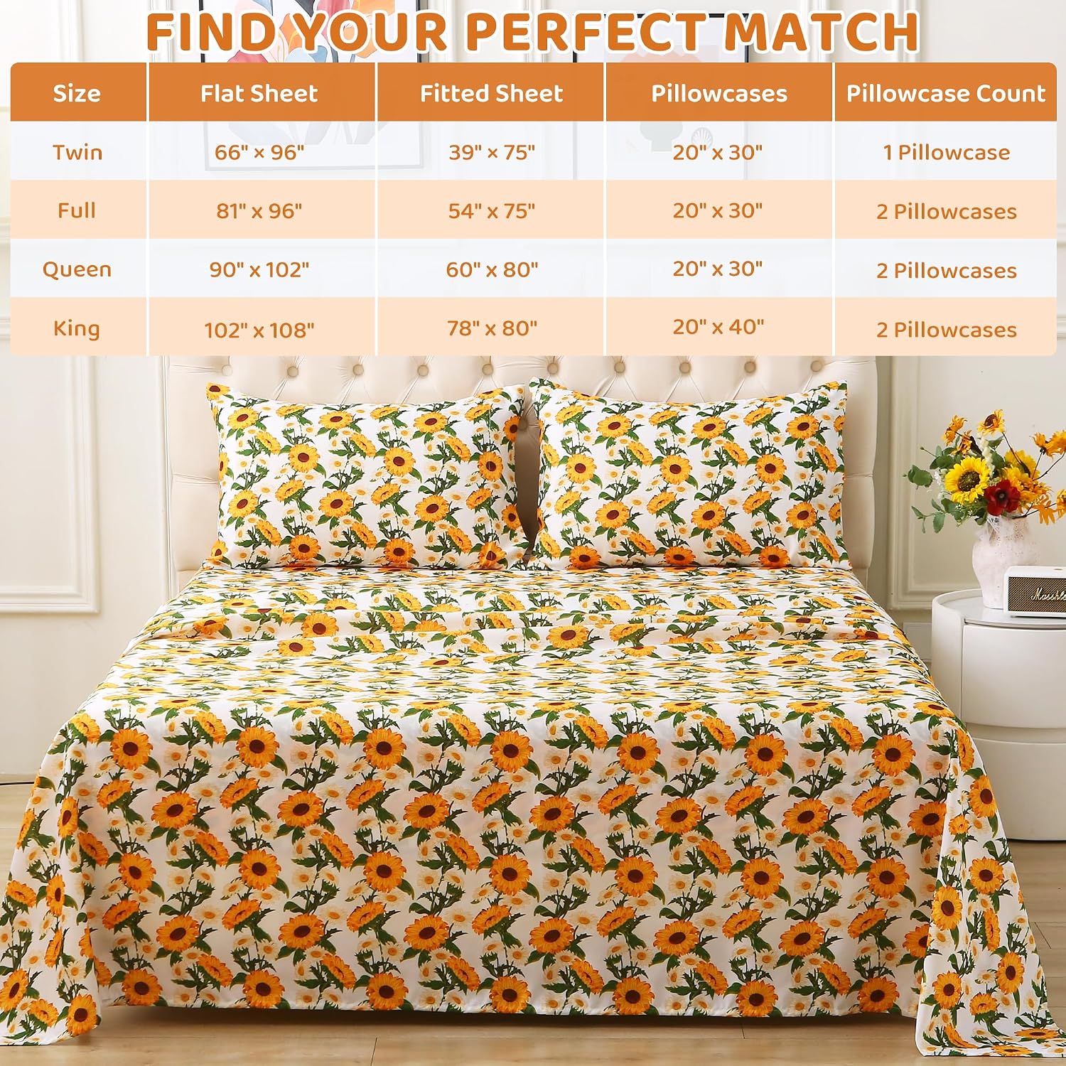 mooreeke Cozy Vintage Microfiber Printed Floral Queen Sheet Set - Soft & Breathable Yellow Sunflower Bed Sheets with Extra Deep Pocket - No…