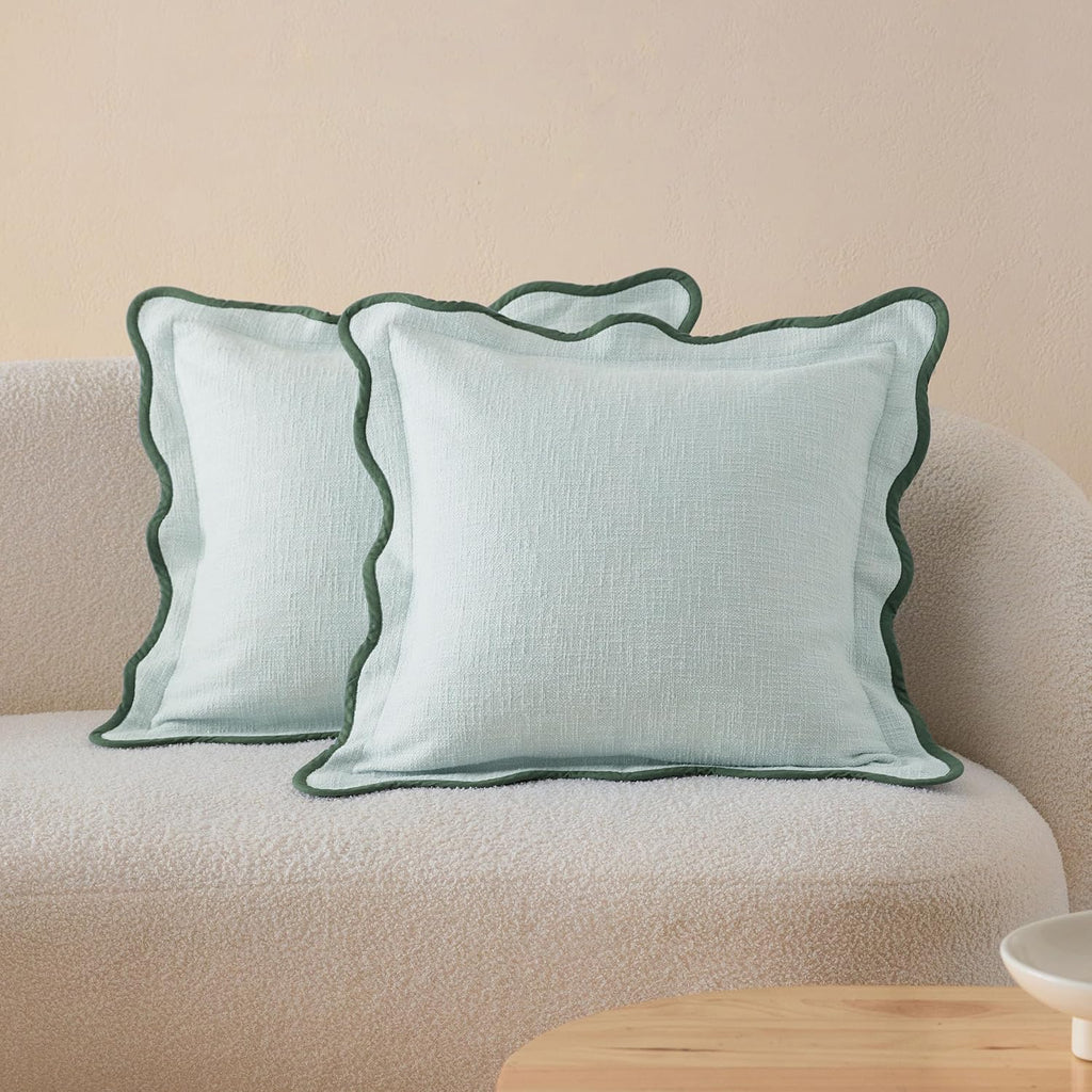 Double Stitch Scalloped Throw Pillow Covers - 100% Cotton Set of 2 Decorative Boho Pillow Covers 20 x 20, Made in India, Square Cushion…