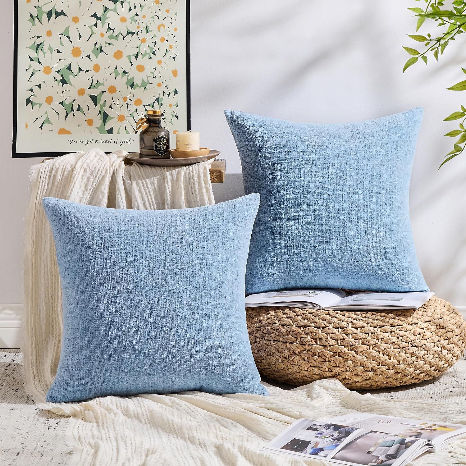 Gawamay Set of 2 Soft Textured Chenille Throw Pillow Covers 24x24 Inch (60x60 CM), Decorative Pillowcases Cushion Covers for Farmhouse Home…
