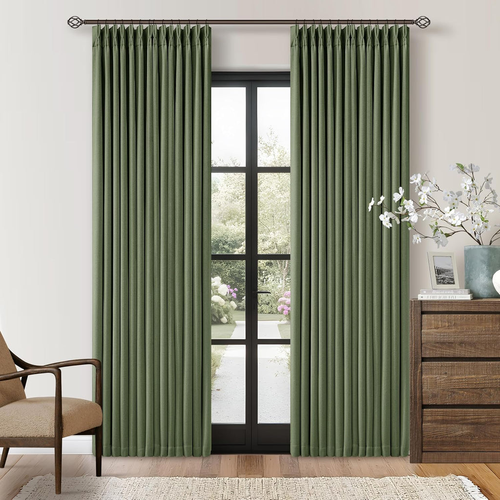 Twodrapes 80 Inch Olive Green Linen Blackout Curtains for Living Room 100% Black Out Pinch Pleat Hooks for Living Room Back Tab Thick Linen…