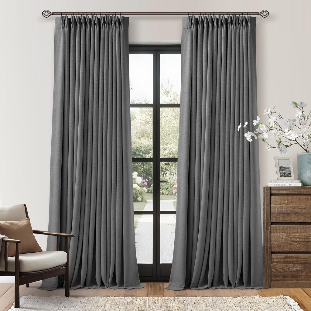 Twodrapes Grey 96 Inch Blackout Pinch Pleated Curtains 2 Panel Set for Living Room Darkening Thick Linen Textured 100% Black Out Drapes 96…